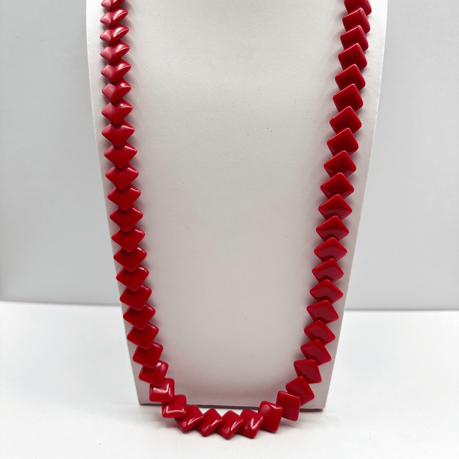 Vintage 90s Red Square Shape Beaded Necklace Statement Womens Jewelry - Image 1