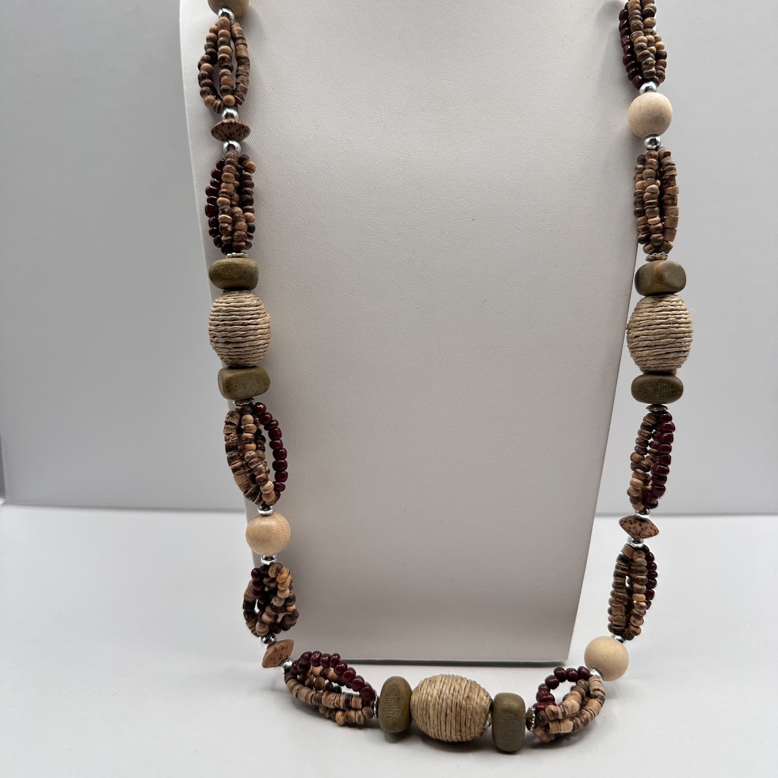 Vintage 90s Chunky Wood Bead Necklace Multi-Strand Earth Tone Statement Boho - Image 1