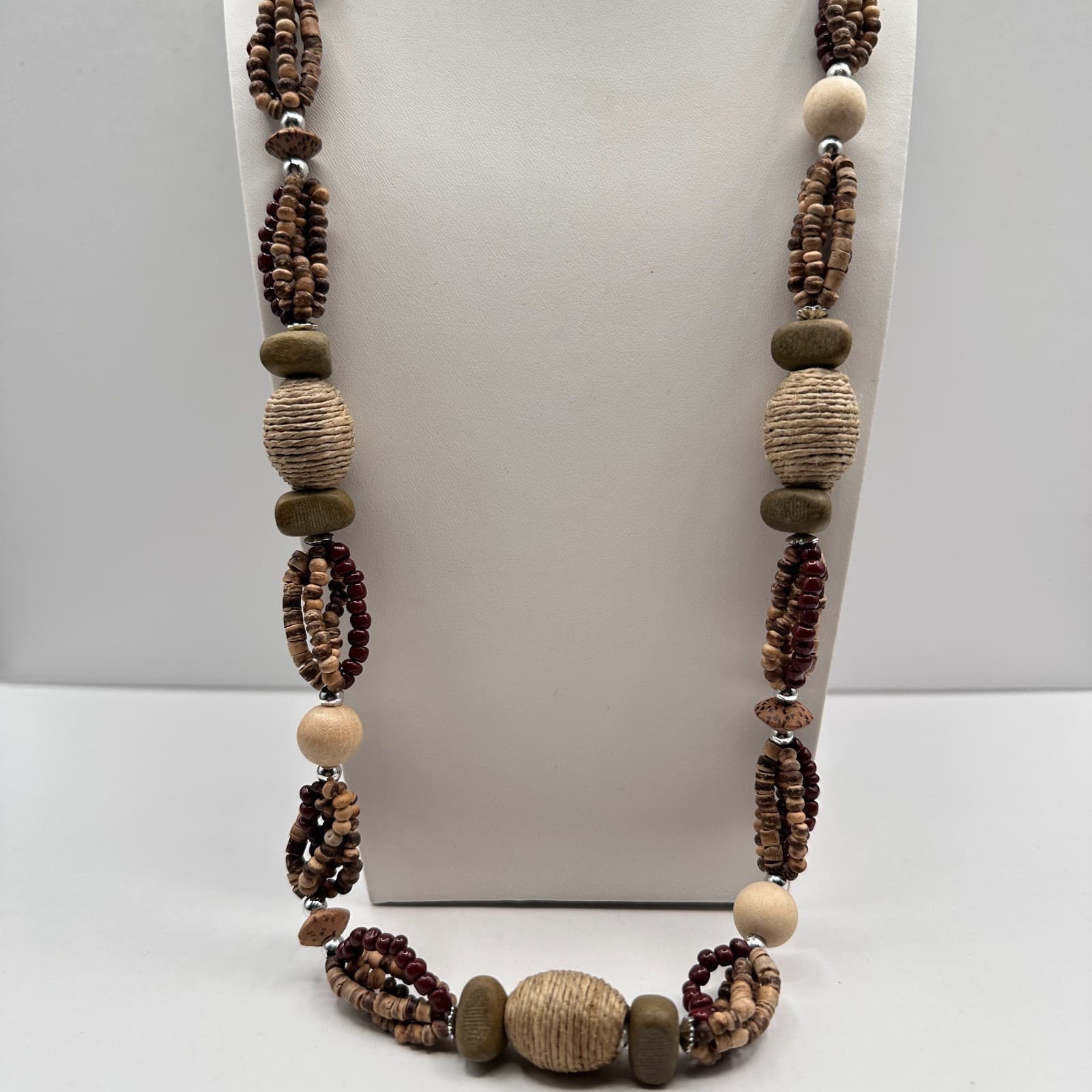 Vintage 90s Chunky Wood Bead Necklace Multi-Strand Earth Tone Statement Boho - Thumbnail 2