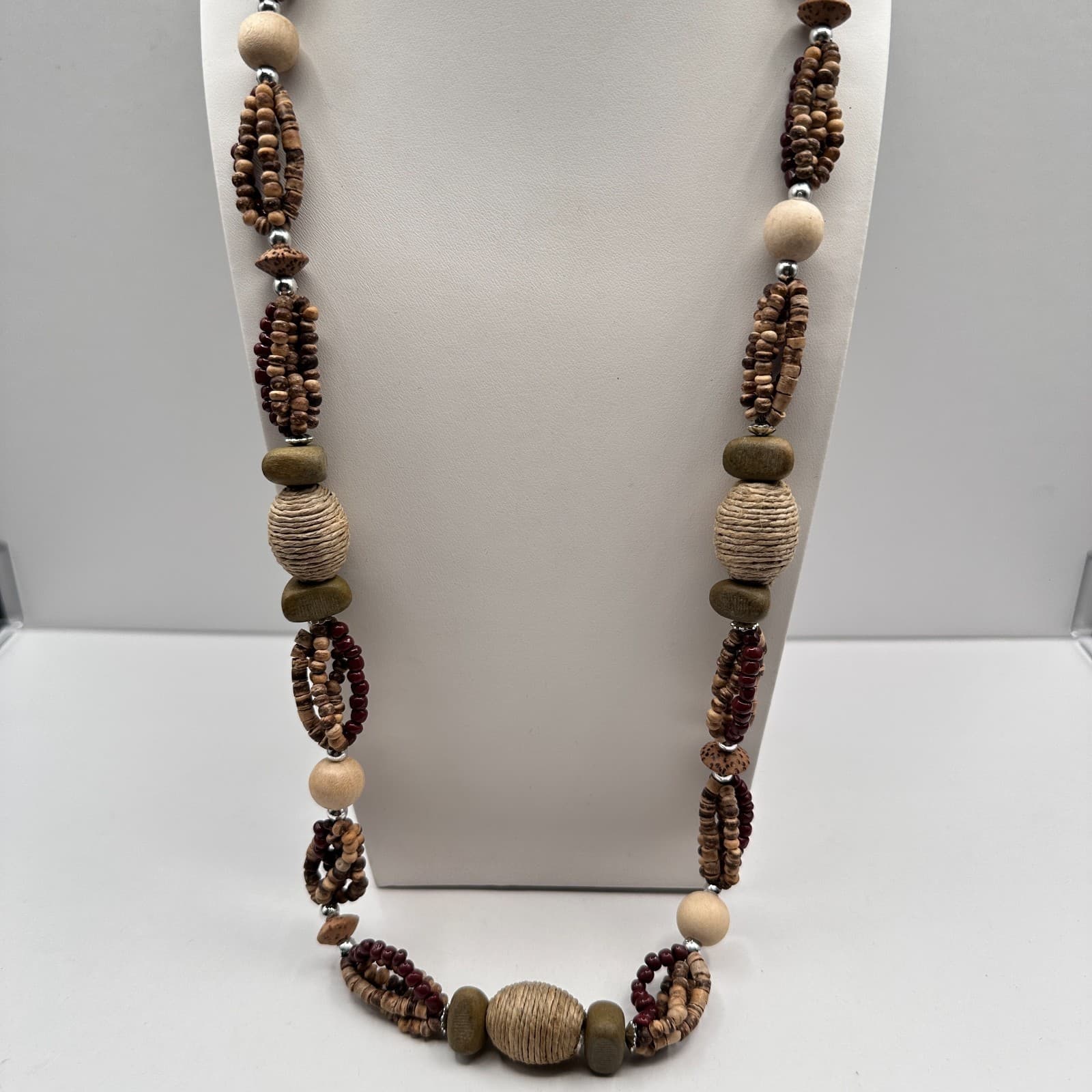 Vintage 90s Chunky Wood Bead Necklace Multi-Strand Earth Tone Statement Boho - Thumbnail 5