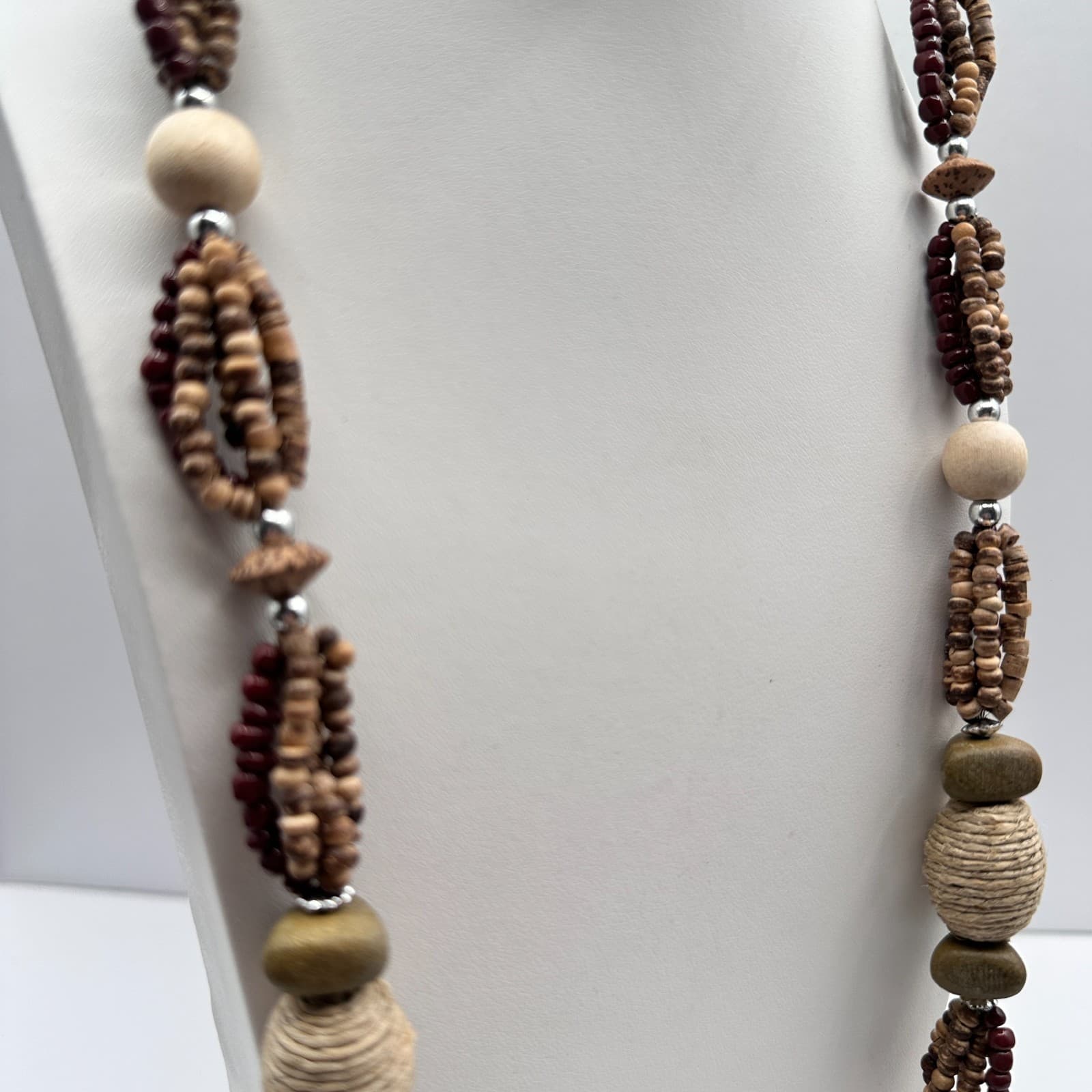 Vintage 90s Chunky Wood Bead Necklace Multi-Strand Earth Tone Statement Boho - Thumbnail 10