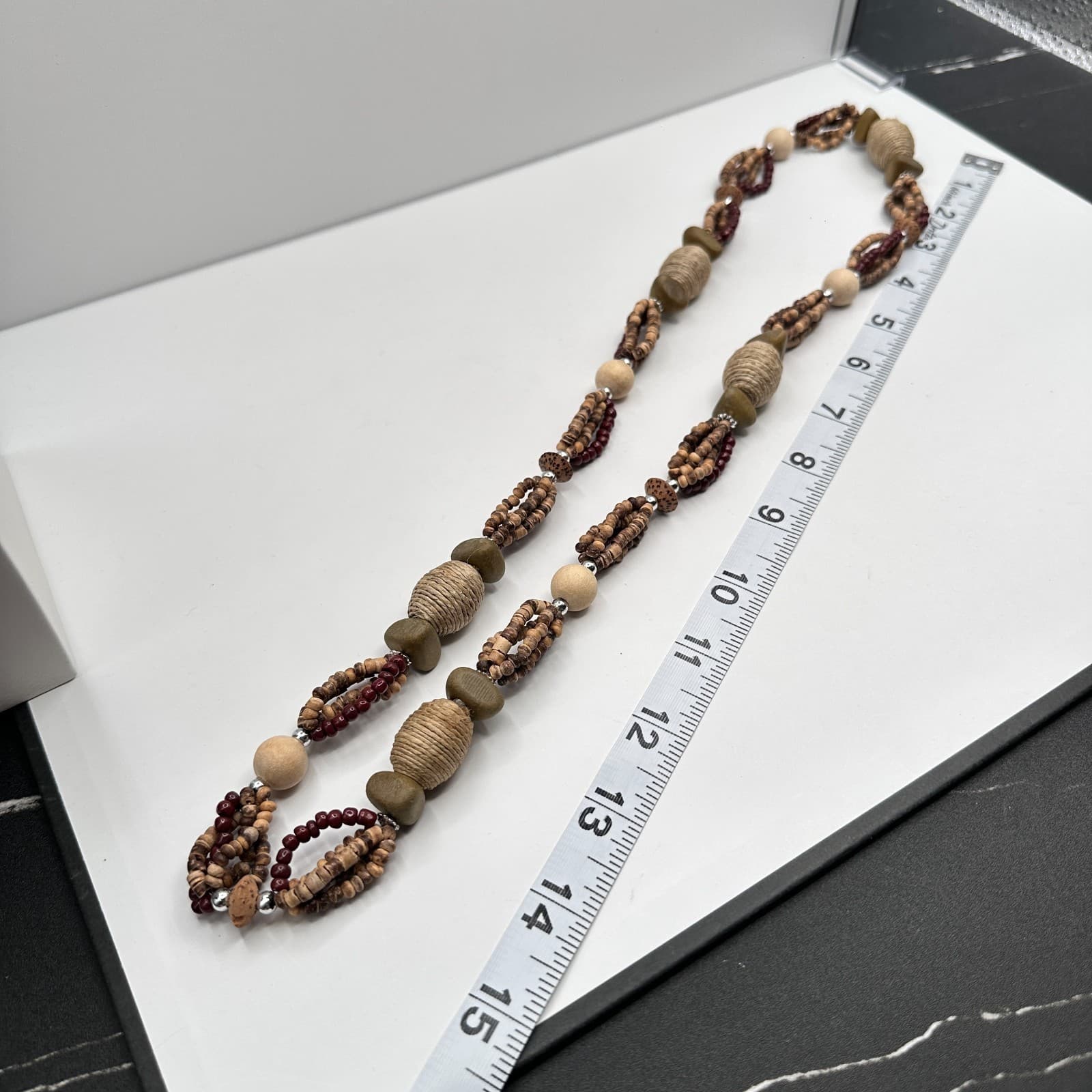 Vintage 90s Chunky Wood Bead Necklace Multi-Strand Earth Tone Statement Boho - Thumbnail 11