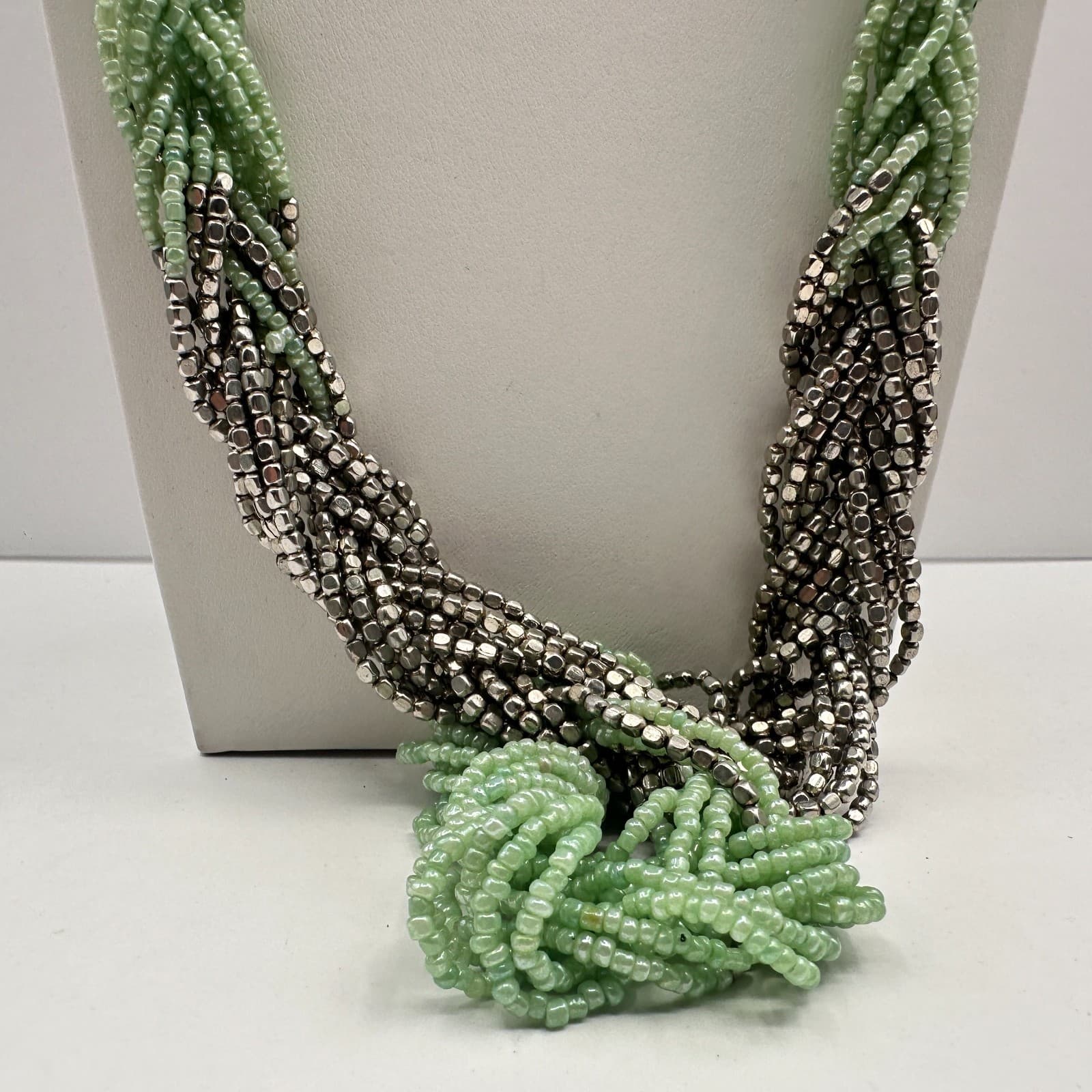 Vintage 90s Multi Strand Mint Green Glass Seed Bead Silver Tone Torsade Necklace - Thumbnail 2