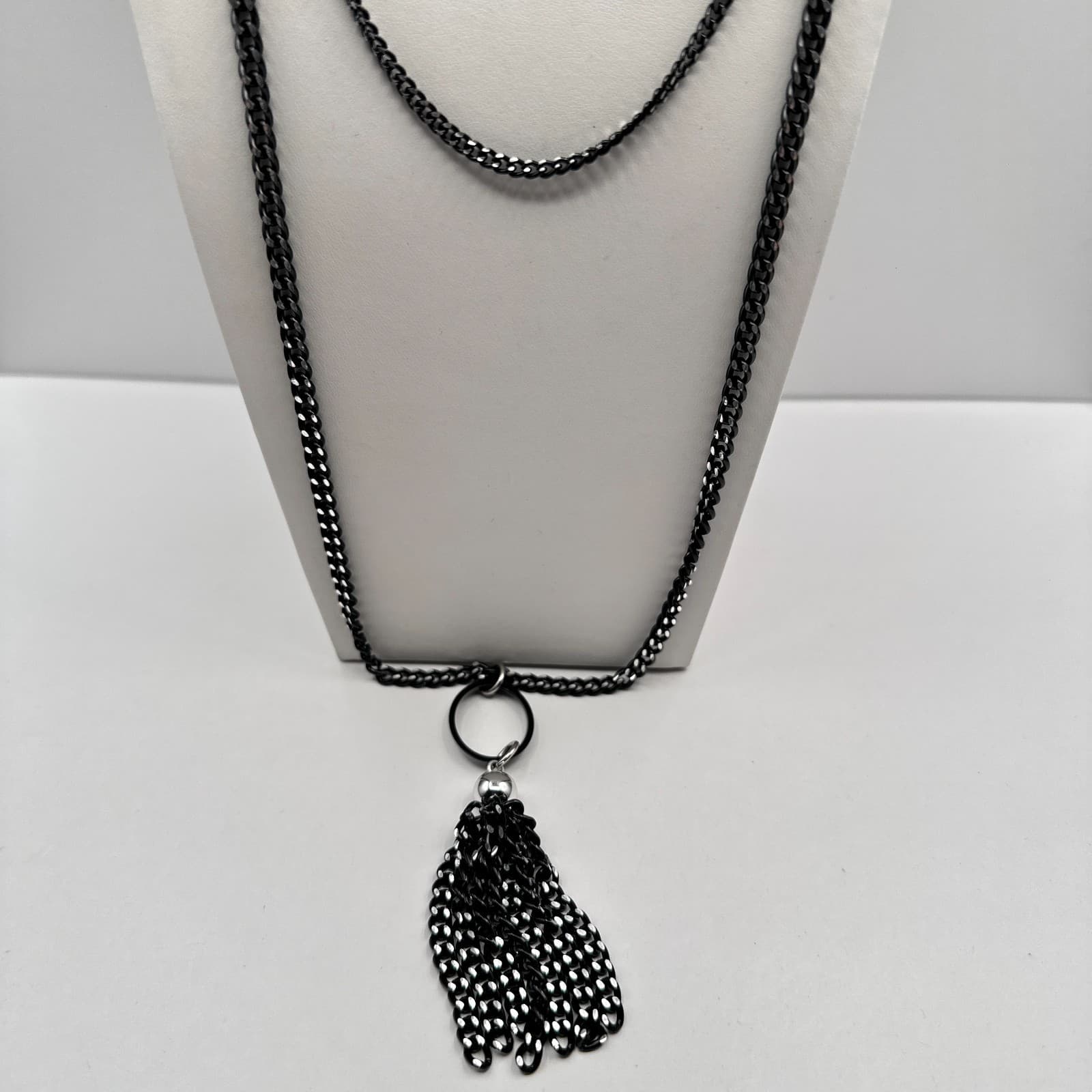 Vintage 90s Black Tassel Fringe Pendant Necklace Curb Chain Classic Jewelry - Image 1