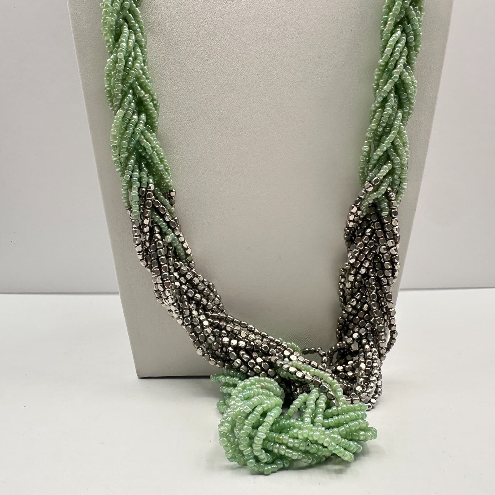 Vintage 90s Multi Strand Mint Green Glass Seed Bead Silver Tone Torsade Necklace - Thumbnail 3