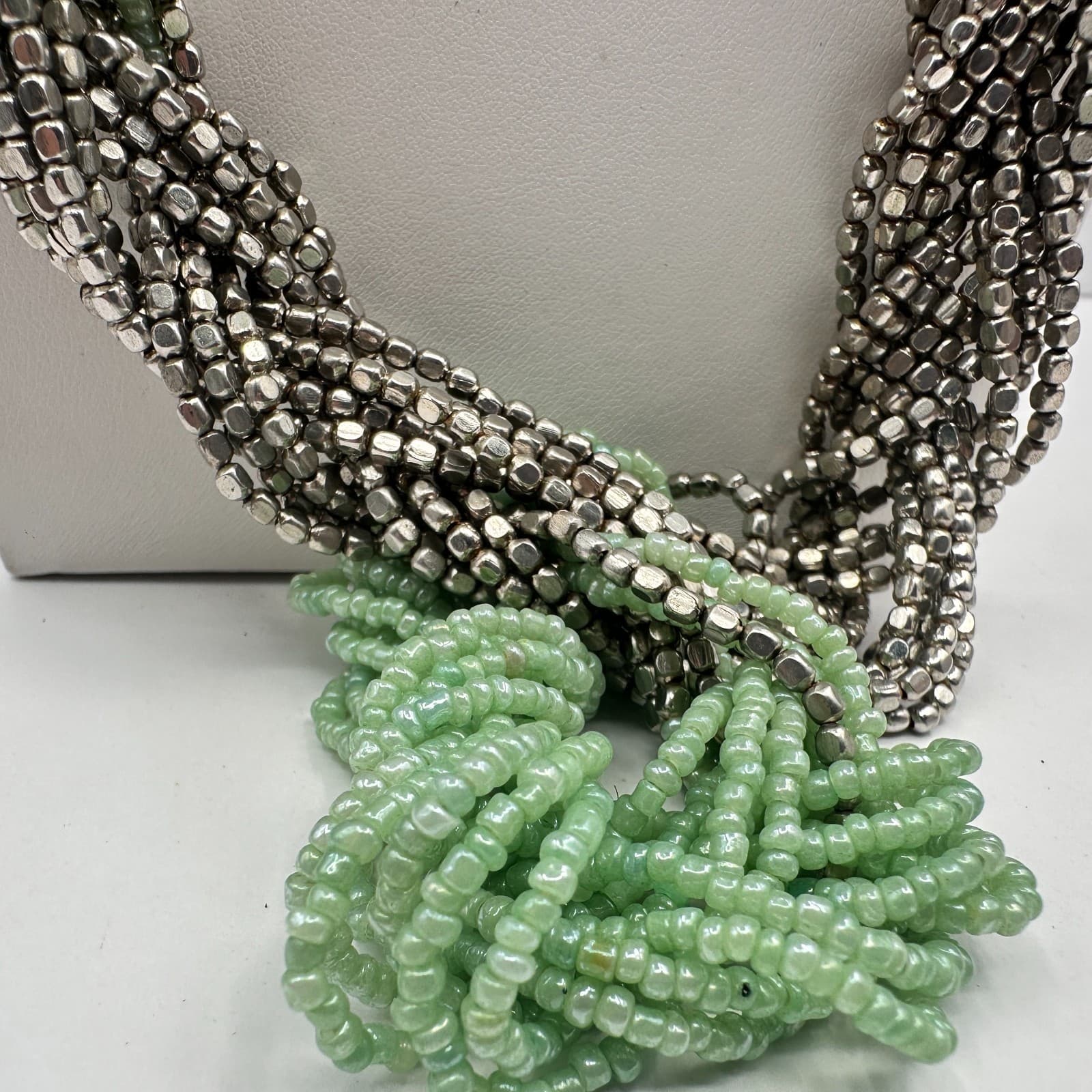 Vintage 90s Multi Strand Mint Green Glass Seed Bead Silver Tone Torsade Necklace - Thumbnail 6