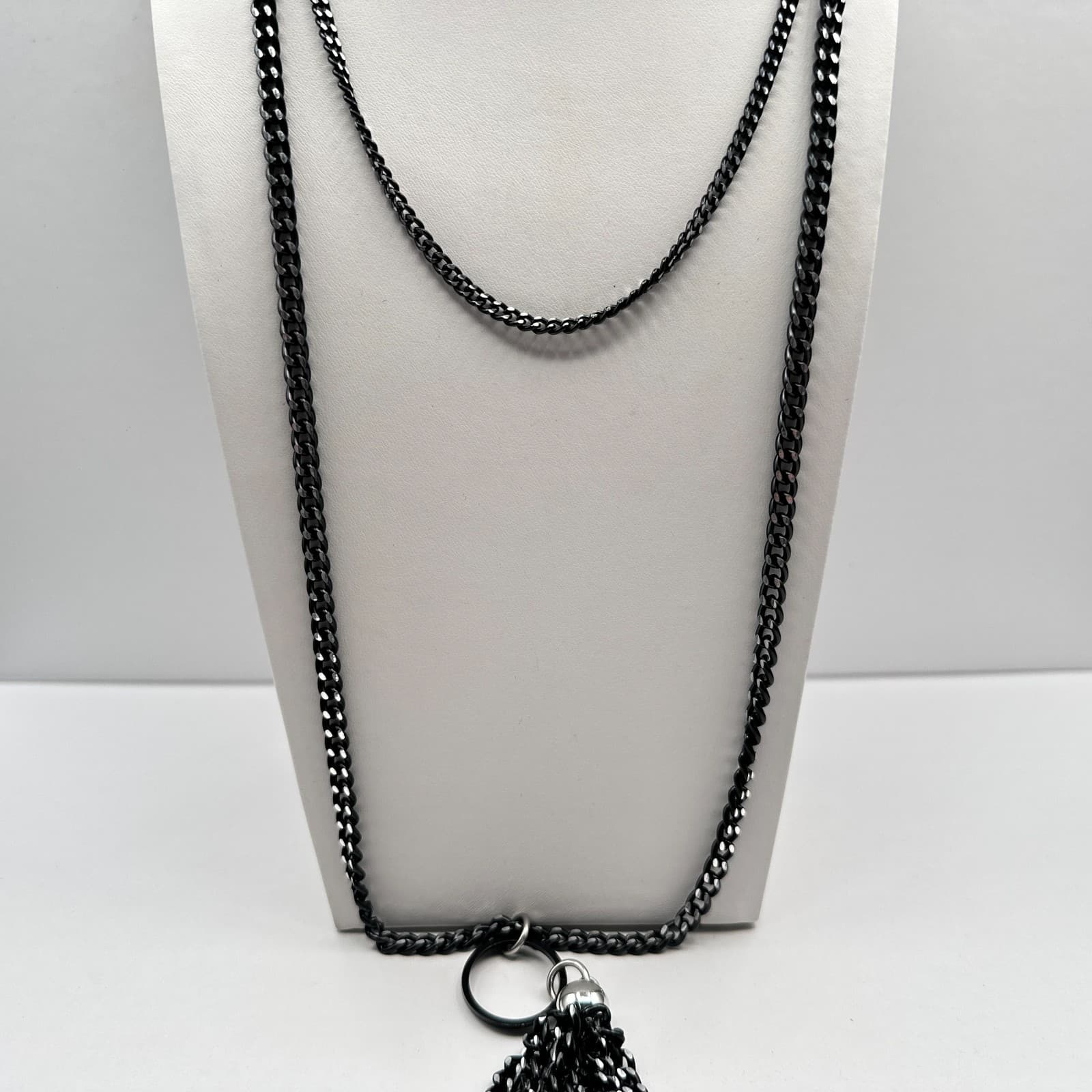 Vintage 90s Black Tassel Fringe Pendant Necklace Curb Chain Classic Jewelry - Thumbnail 7