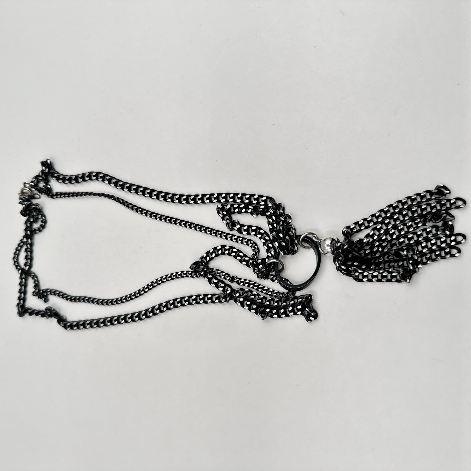 Vintage 90s Black Tassel Fringe Pendant Necklace Curb Chain Classic Jewelry - Thumbnail 8