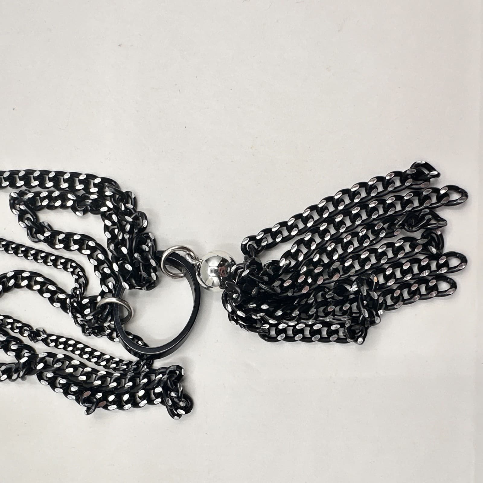 Vintage 90s Black Tassel Fringe Pendant Necklace Curb Chain Classic Jewelry - Thumbnail 9