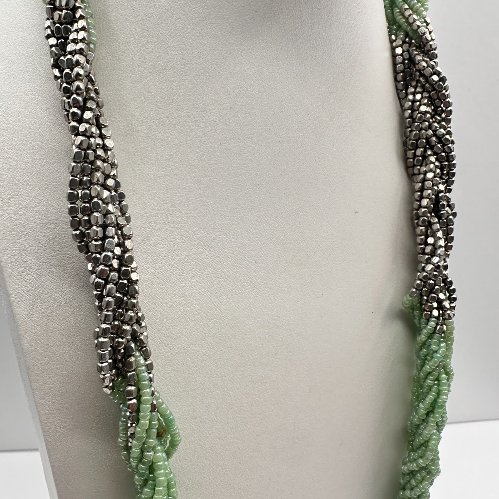 Vintage 90s Multi Strand Mint Green Glass Seed Bead Silver Tone Torsade Necklace - Thumbnail 8