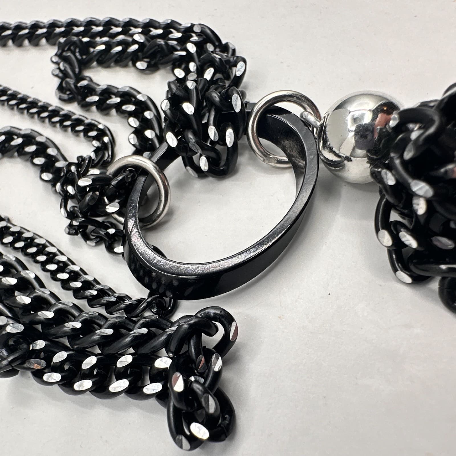 Vintage 90s Black Tassel Fringe Pendant Necklace Curb Chain Classic Jewelry - Thumbnail 11