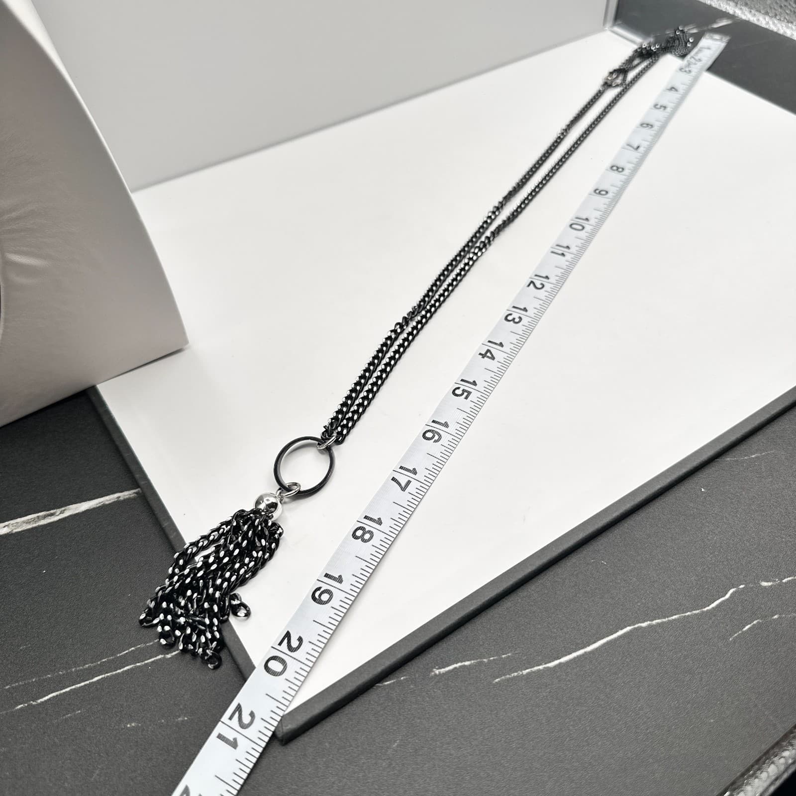 Vintage 90s Black Tassel Fringe Pendant Necklace Curb Chain Classic Jewelry - Thumbnail 12