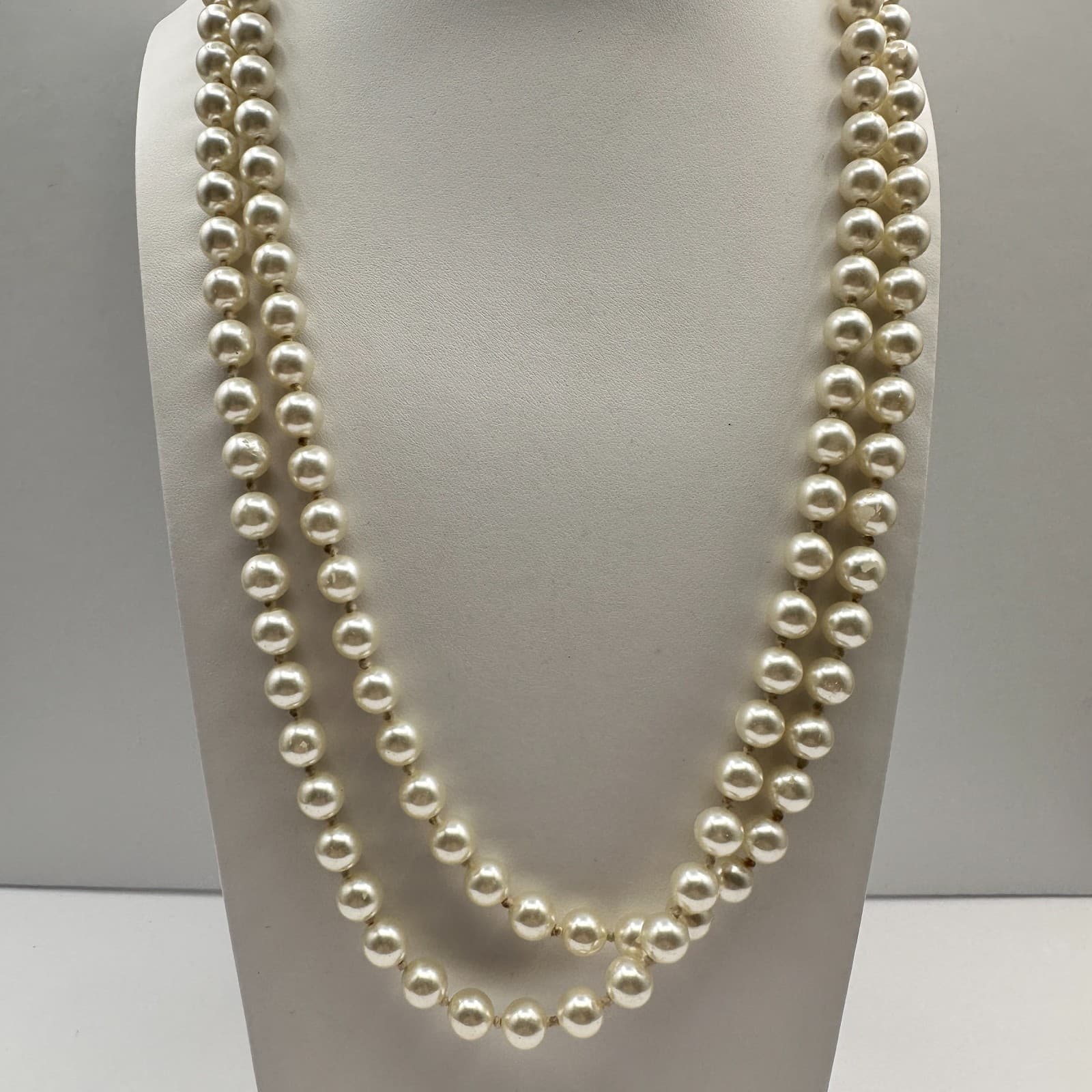 Vintage 90s Double Strand White Faux Pearl Necklace Classic Cream Boho Jewelry - Image 1