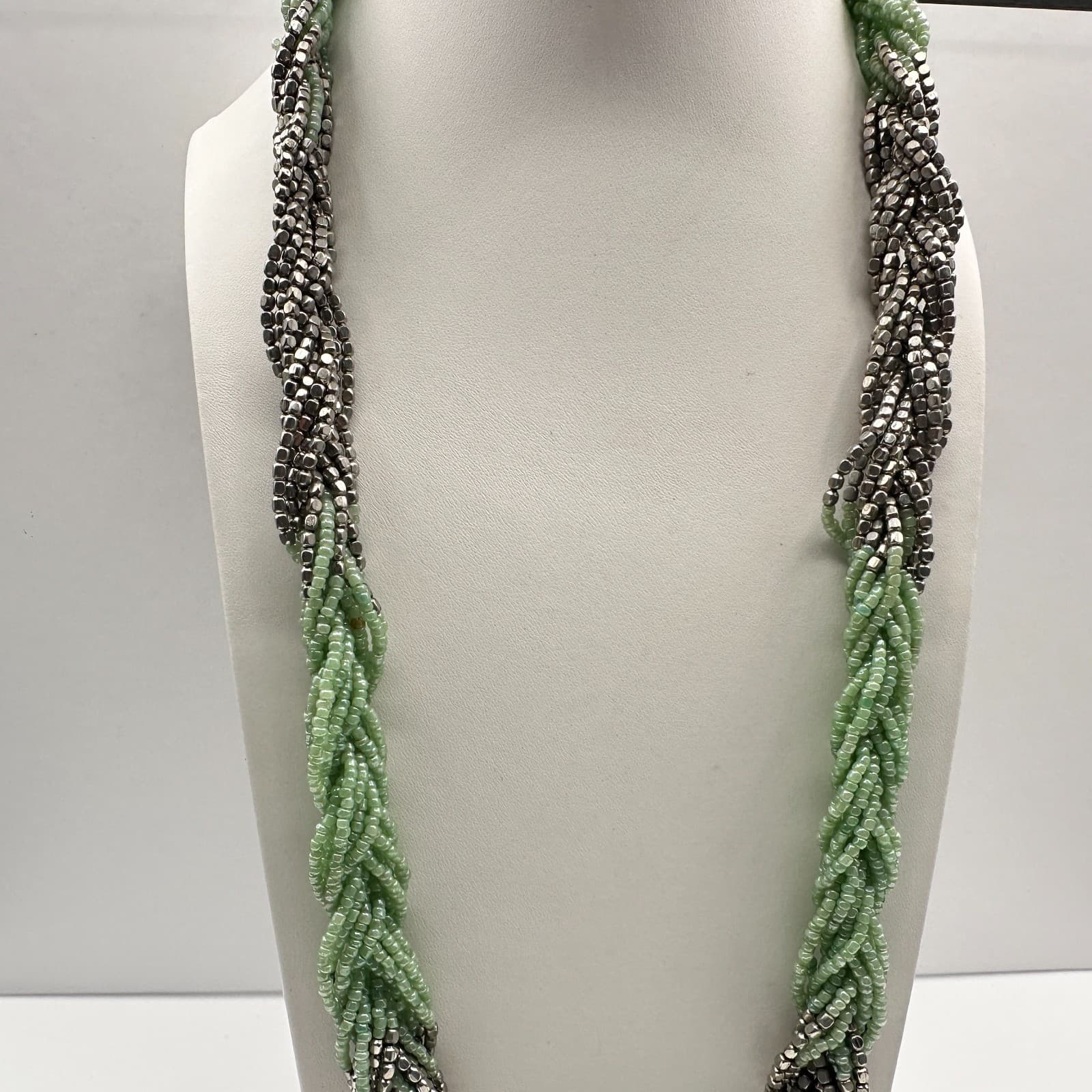 Vintage 90s Multi Strand Mint Green Glass Seed Bead Silver Tone Torsade Necklace - Thumbnail 4