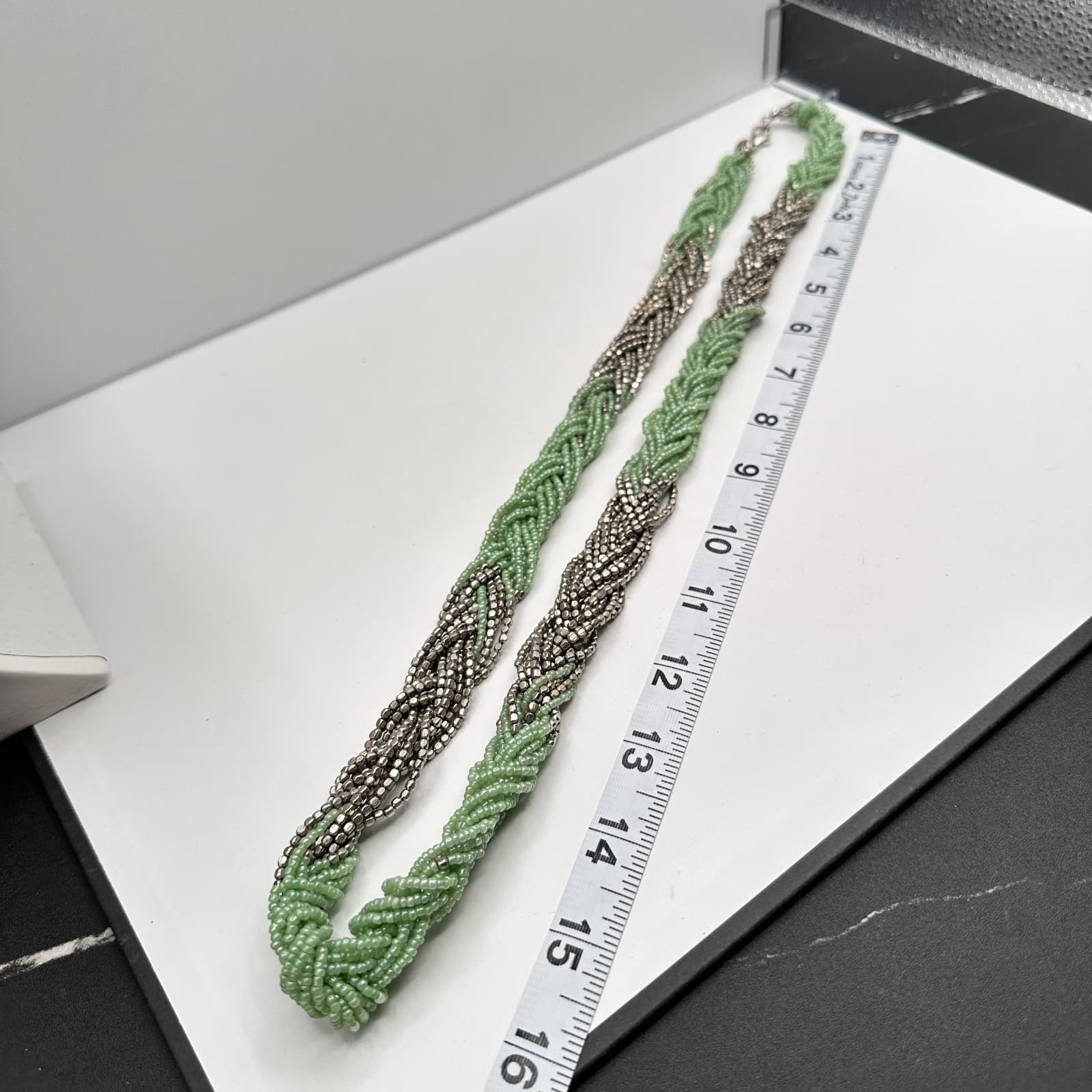 Vintage 90s Multi Strand Mint Green Glass Seed Bead Silver Tone Torsade Necklace - Thumbnail 10