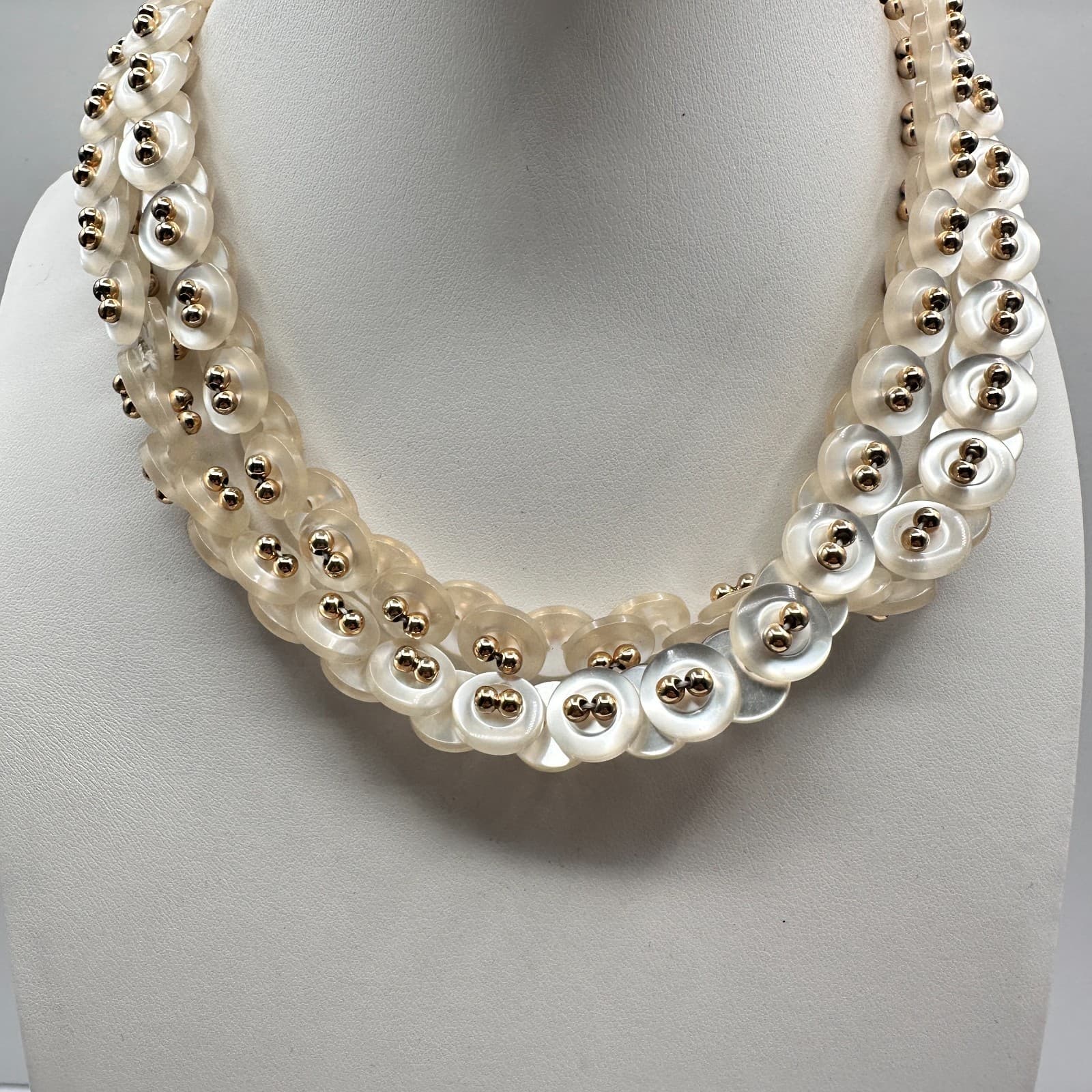 Vintage 90s White MOP Shell Button Collar Necklace Gold Tone Beads Runway Style - Thumbnail 2