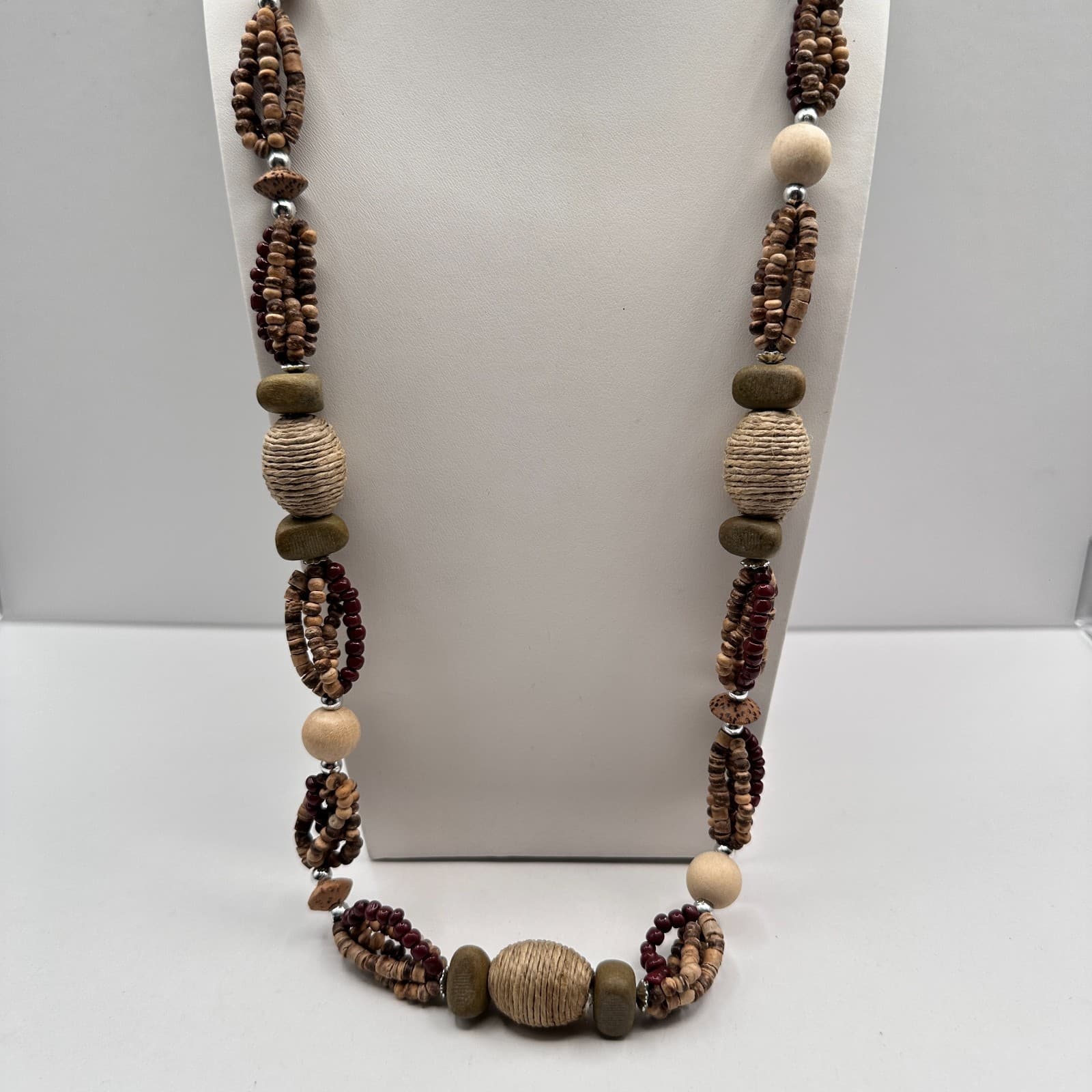 Vintage 90s Chunky Wood Bead Necklace Multi-Strand Earth Tone Statement Boho - Thumbnail 3