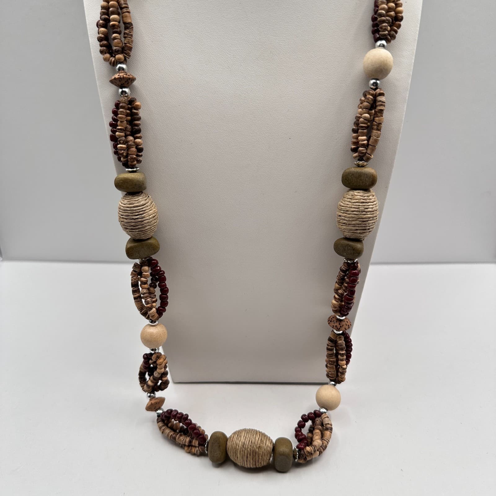 Vintage 90s Chunky Wood Bead Necklace Multi-Strand Earth Tone Statement Boho - Thumbnail 4