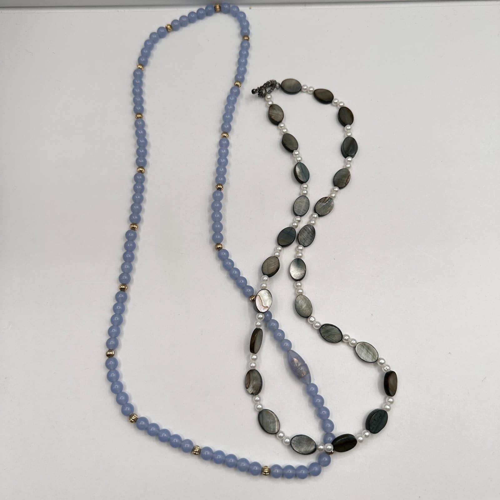 Vintage 90s Beaded Necklace Set Blue Lace Agate Pearl Shell Grey Classic Jewelry - Image 1