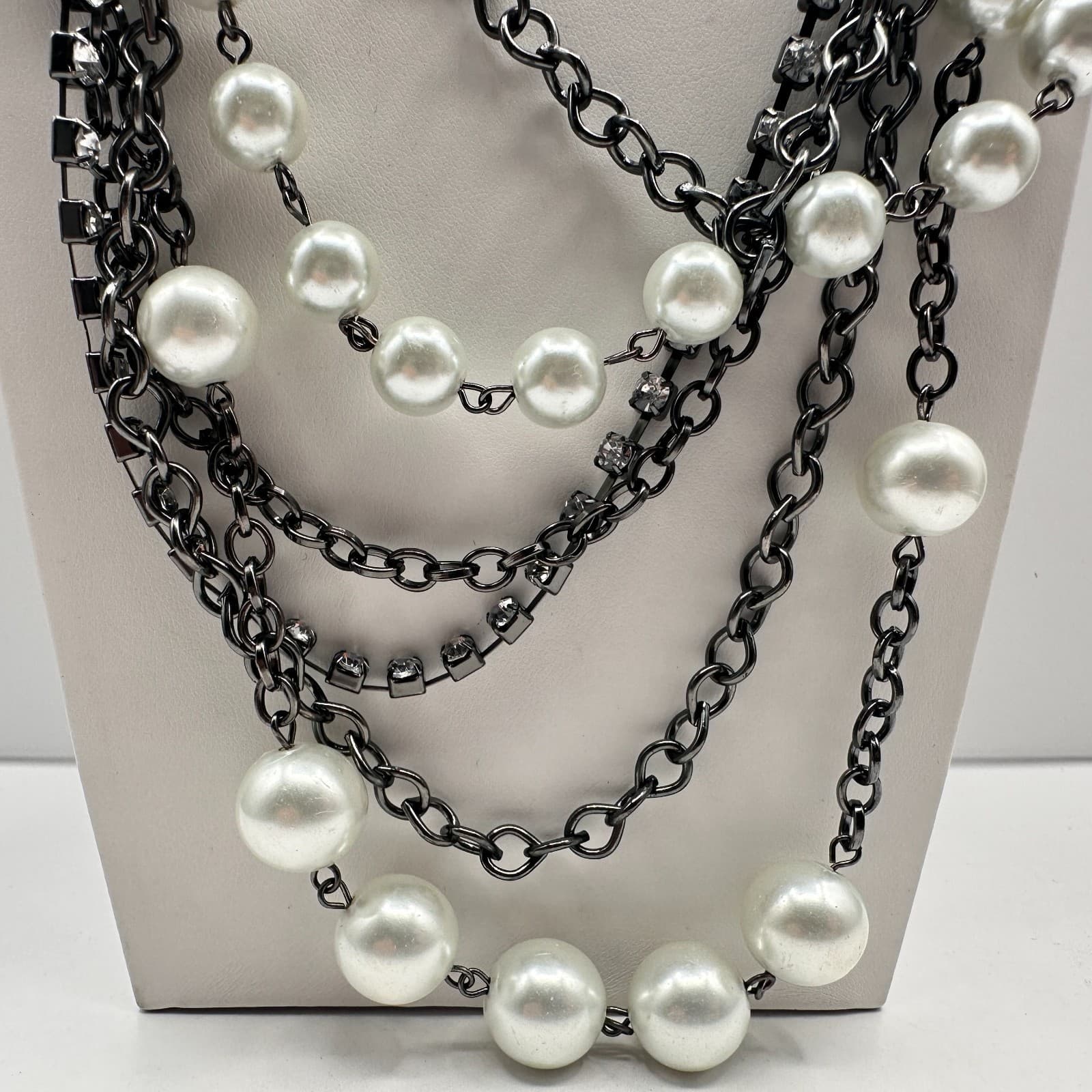 Vintage 90s NY Multi-Strand Faux Pearl Glass Layered Necklace Women's Jewelry - Thumbnail 4