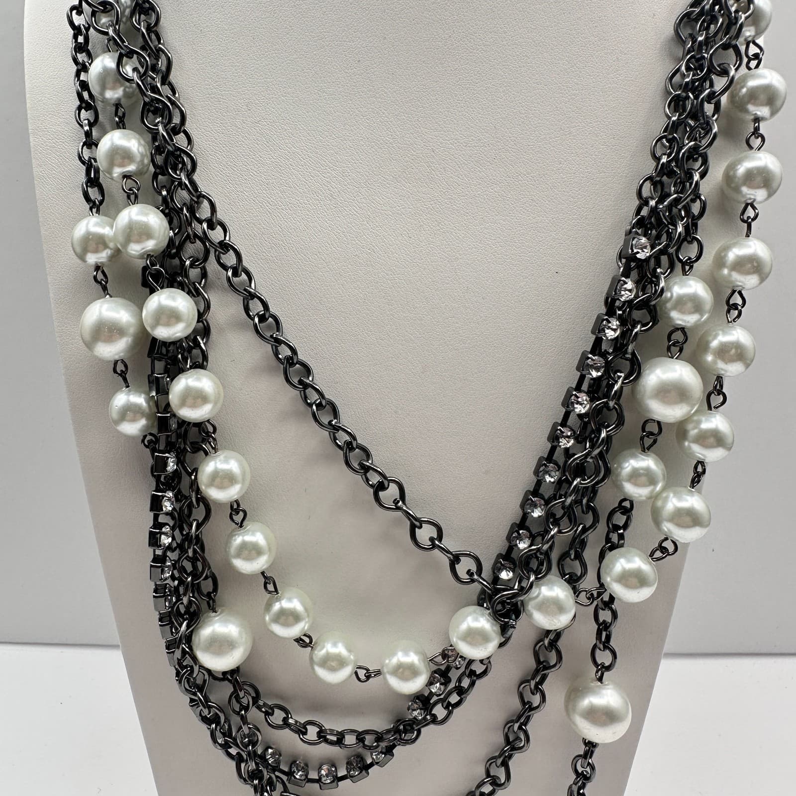 Vintage 90s NY Multi-Strand Faux Pearl Glass Layered Necklace Women's Jewelry - Thumbnail 3