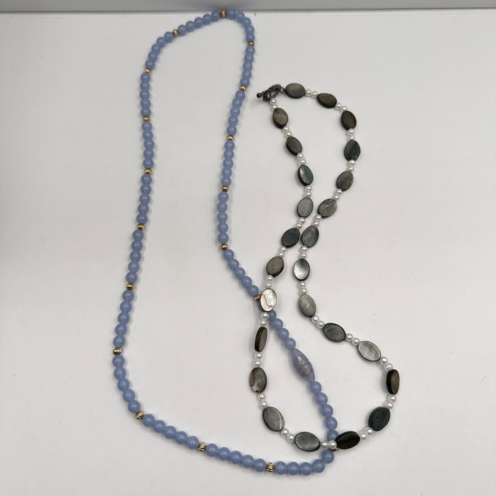 Vintage 90s Beaded Necklace Set Blue Lace Agate Pearl Shell Grey Classic Jewelry - Thumbnail 3