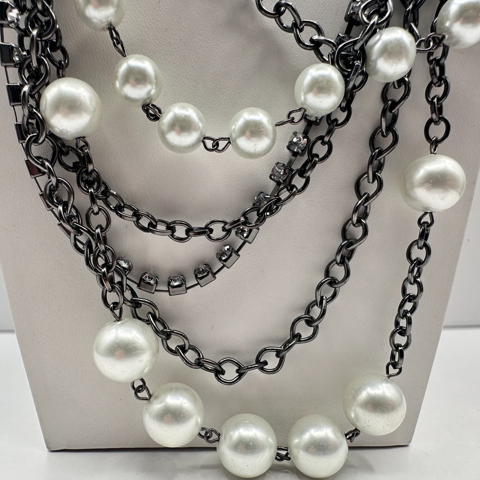 Vintage 90s NY Multi-Strand Faux Pearl Glass Layered Necklace Women's Jewelry - Thumbnail 9