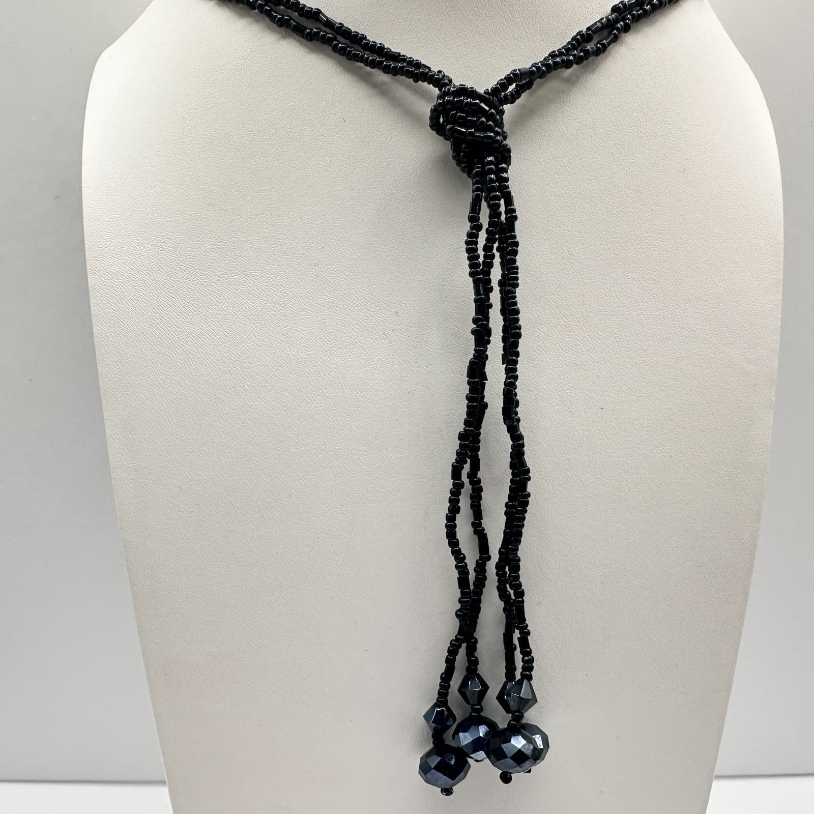 Vintage 90s Black Seed Bead Lariat Necklace Faceted Glass Tassel Boho Jewelry - Thumbnail 7