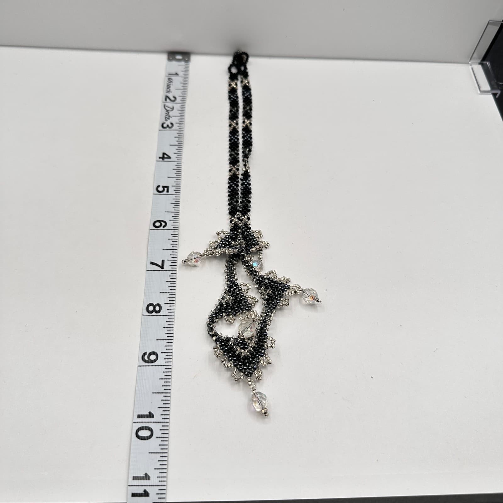 Vintage 90s Beaded Bib Necklace Black Silver Seed Bead Glass Fringe Jewelry - Thumbnail 9