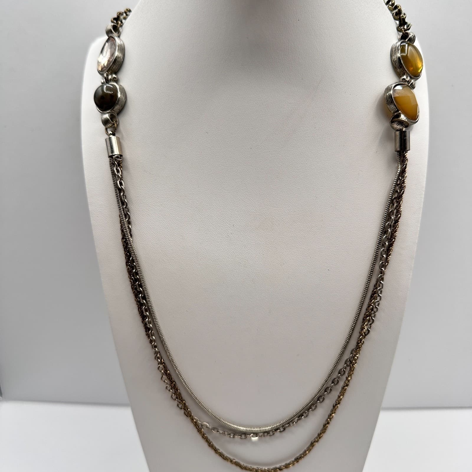 Vintage 90s LOFT Multi-Strand Layered Necklace Silver Tone Earthy Stones Jewelry - Thumbnail 2