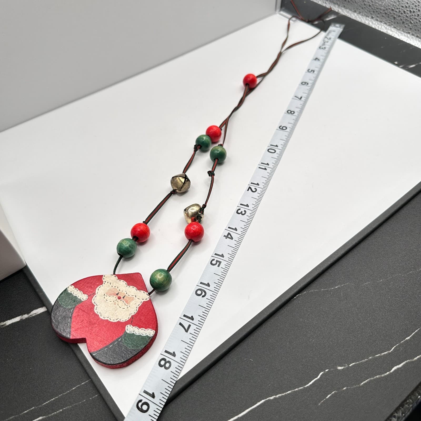 Vintage 90s Christmas Santa Claus Pendant Necklace Wood Jingle Bells Jewelry - Thumbnail 5