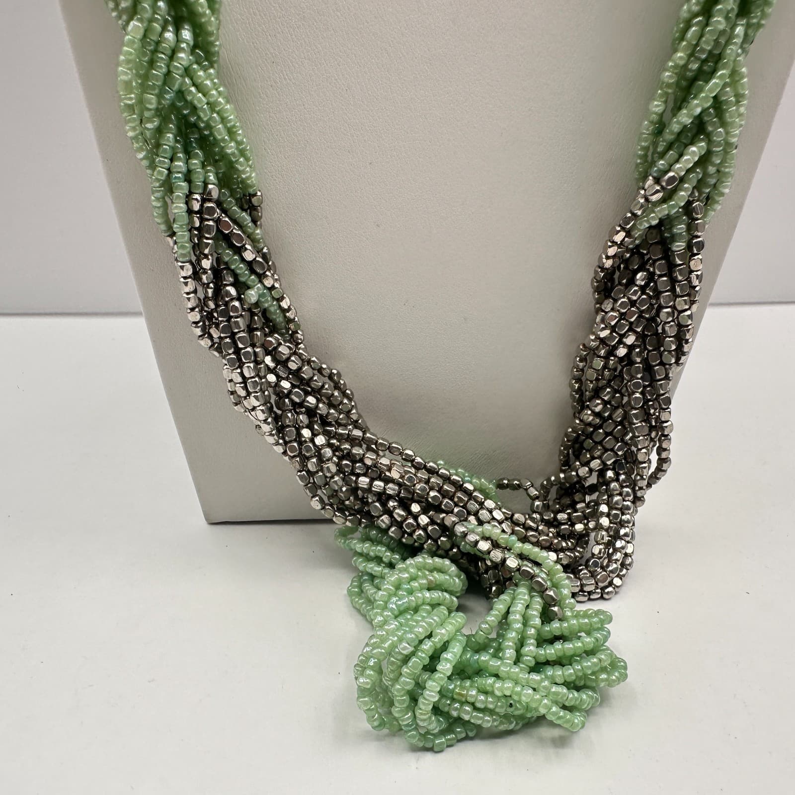 Vintage 90s Multi Strand Mint Green Glass Seed Bead Silver Tone Torsade Necklace - Thumbnail 5