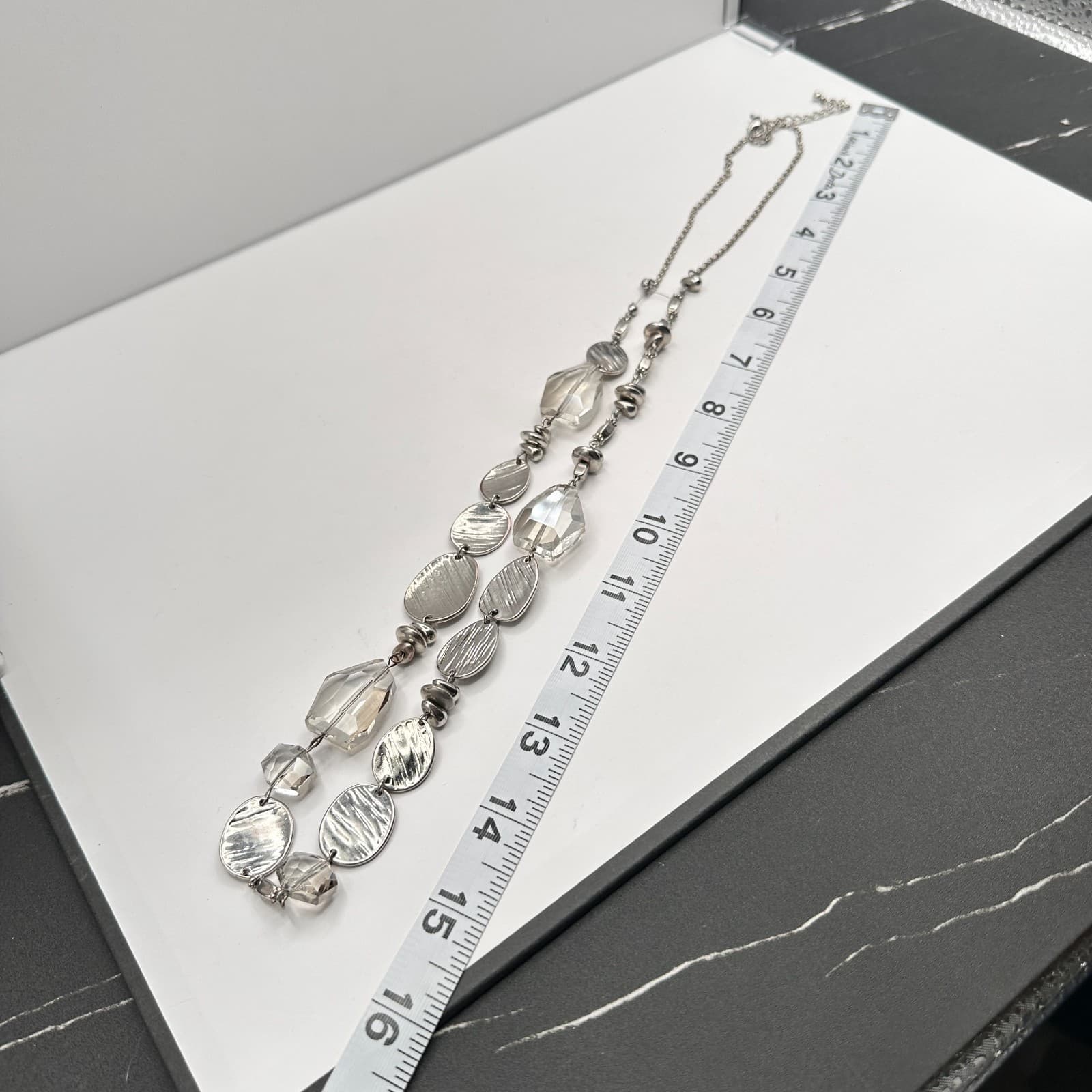 Vintage 90s Silver Tone Textured Disk Clear Glass Beaded Statement Necklace - Thumbnail 9