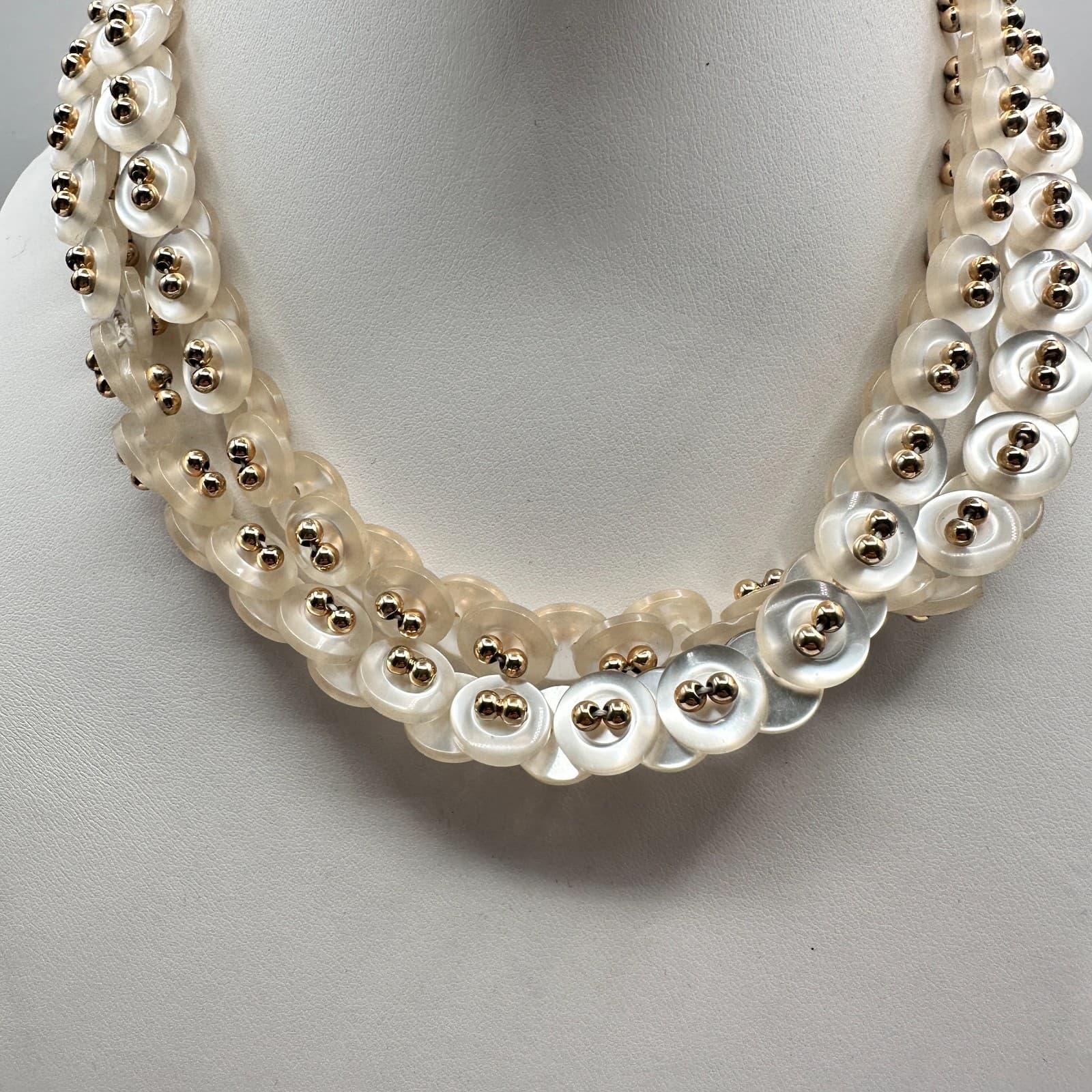Vintage 90s White MOP Shell Button Collar Necklace Gold Tone Beads Runway Style - Image 1
