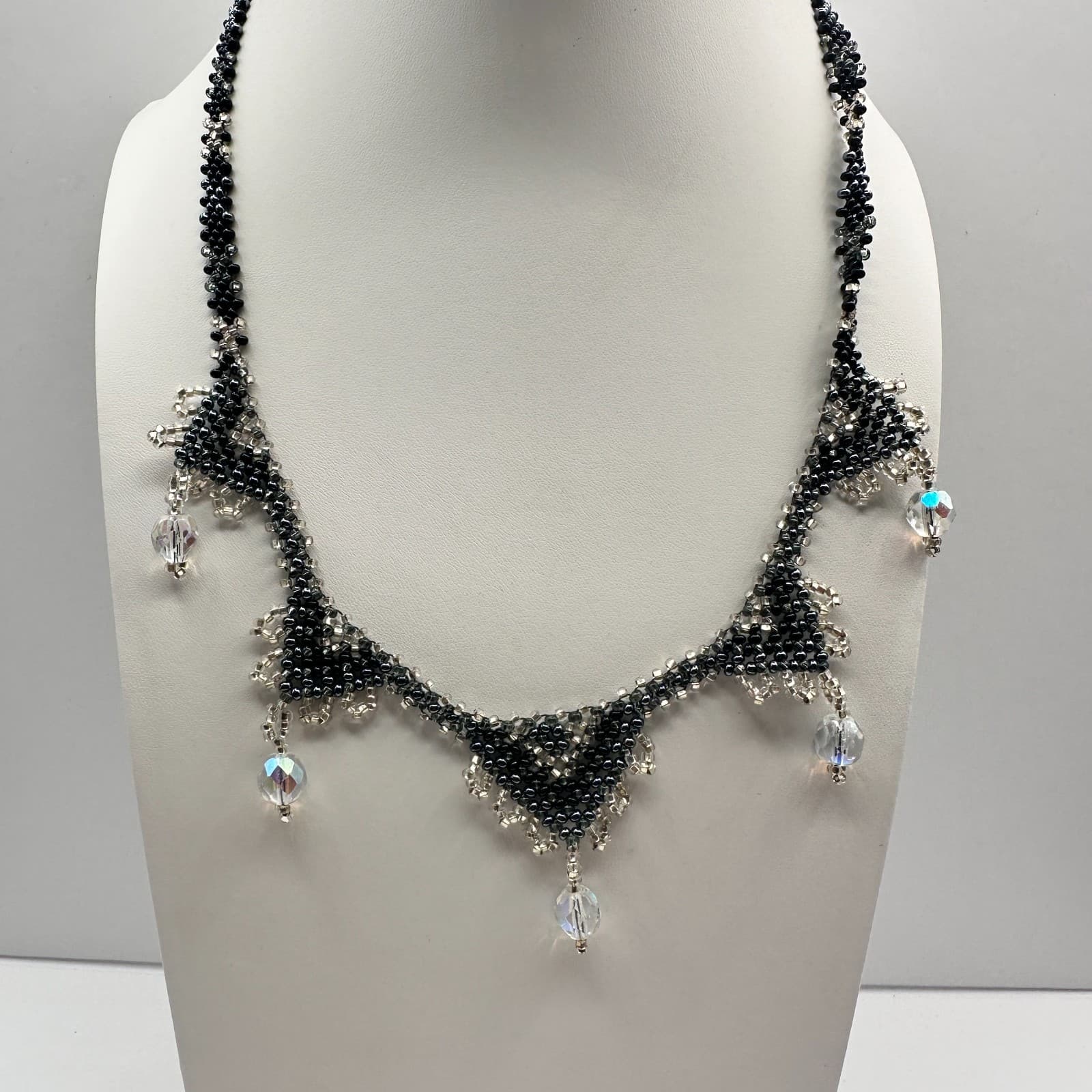 Vintage 90s Beaded Bib Necklace Black Silver Seed Bead Glass Fringe Jewelry - Image 1