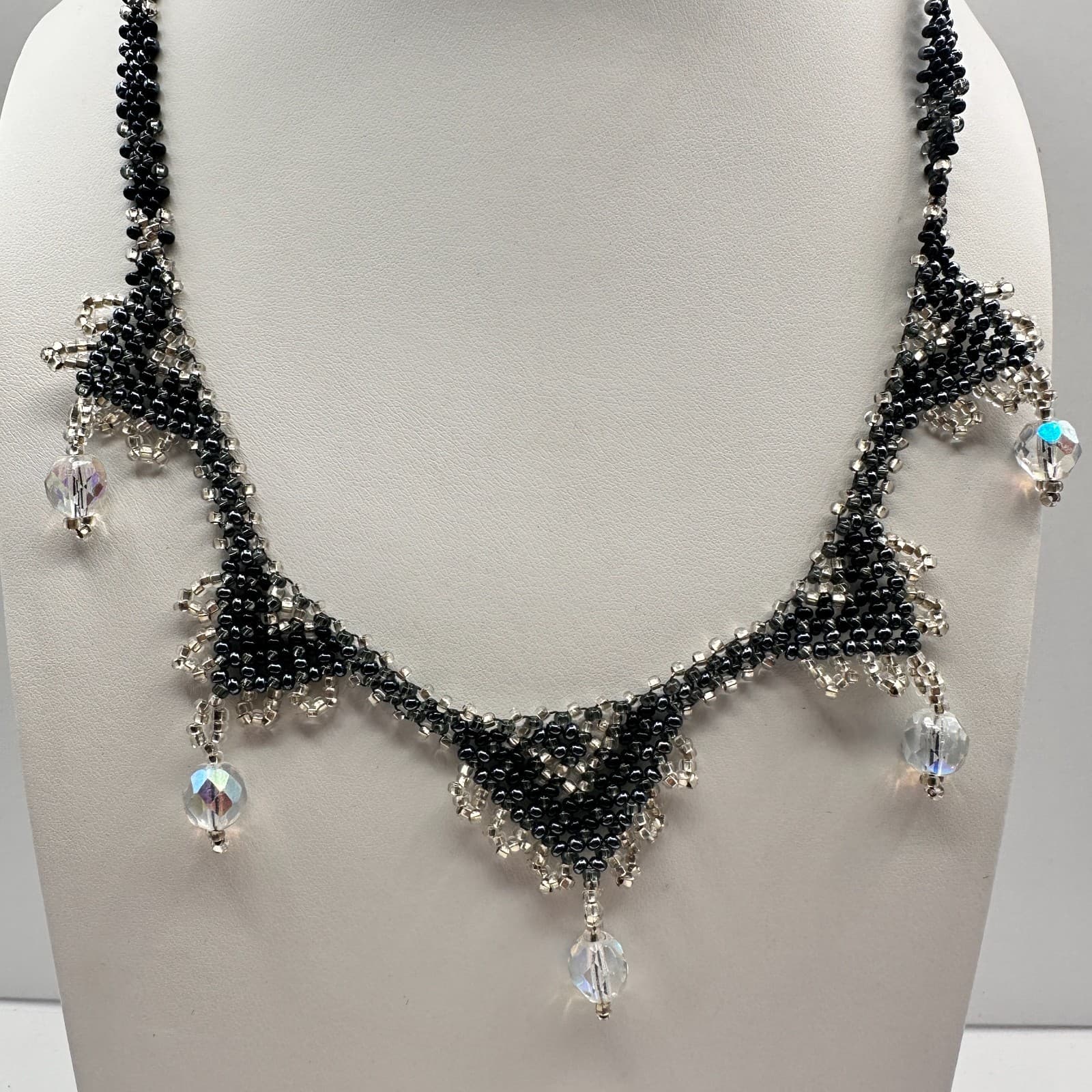 Vintage 90s Beaded Bib Necklace Black Silver Seed Bead Glass Fringe Jewelry - Thumbnail 2