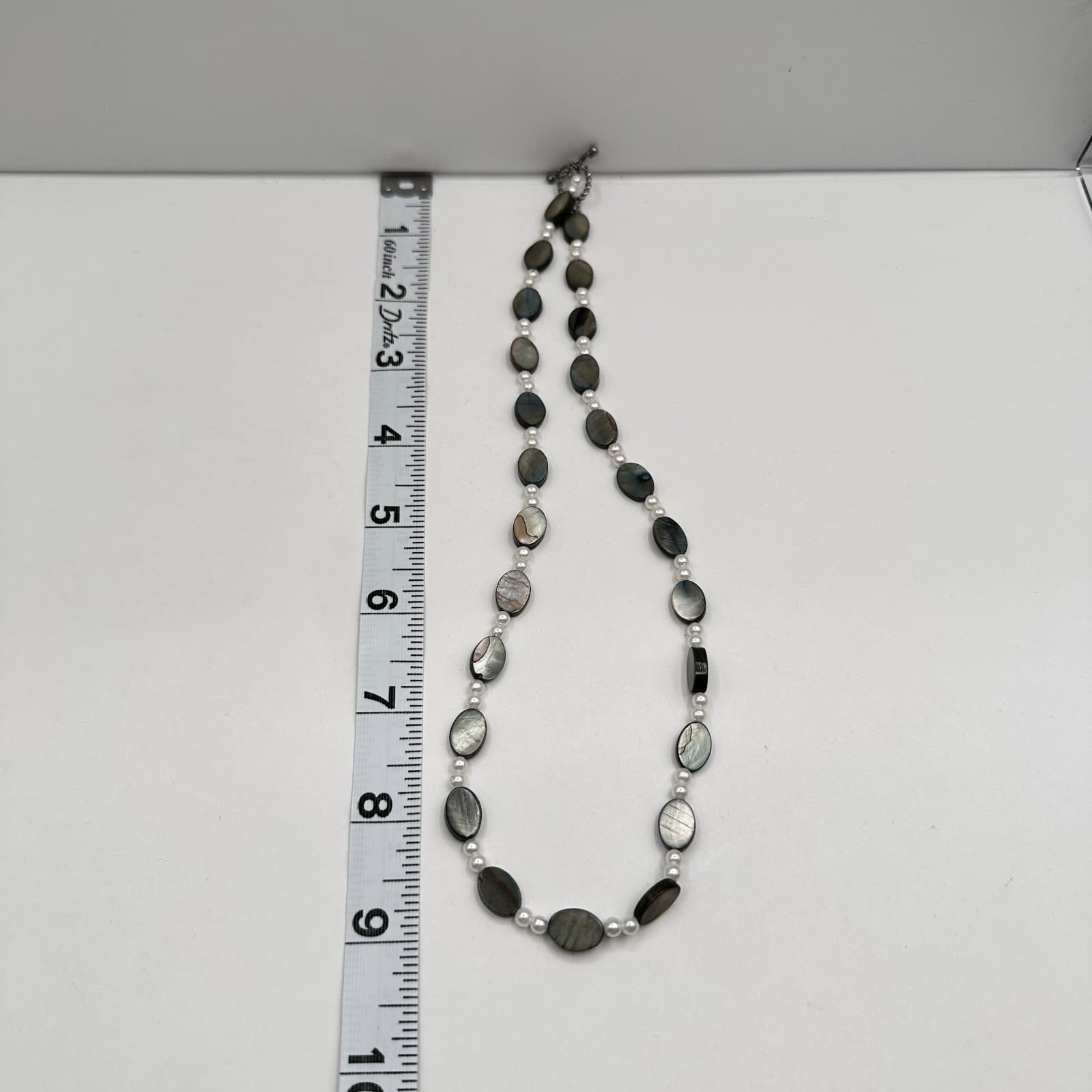Vintage 90s Beaded Necklace Set Blue Lace Agate Pearl Shell Grey Classic Jewelry - Thumbnail 16