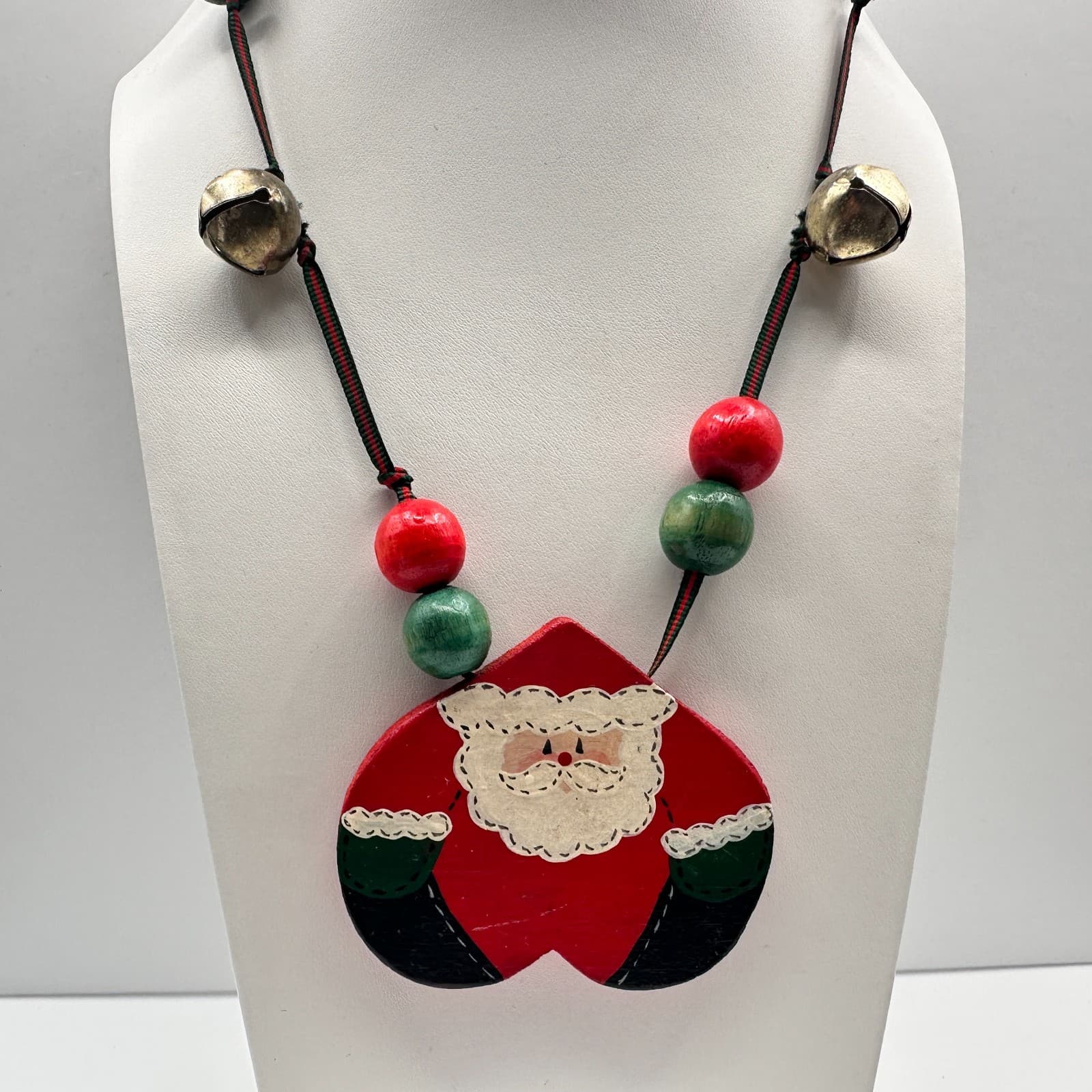 Vintage 90s Christmas Santa Claus Pendant Necklace Wood Jingle Bells Jewelry - Thumbnail 4