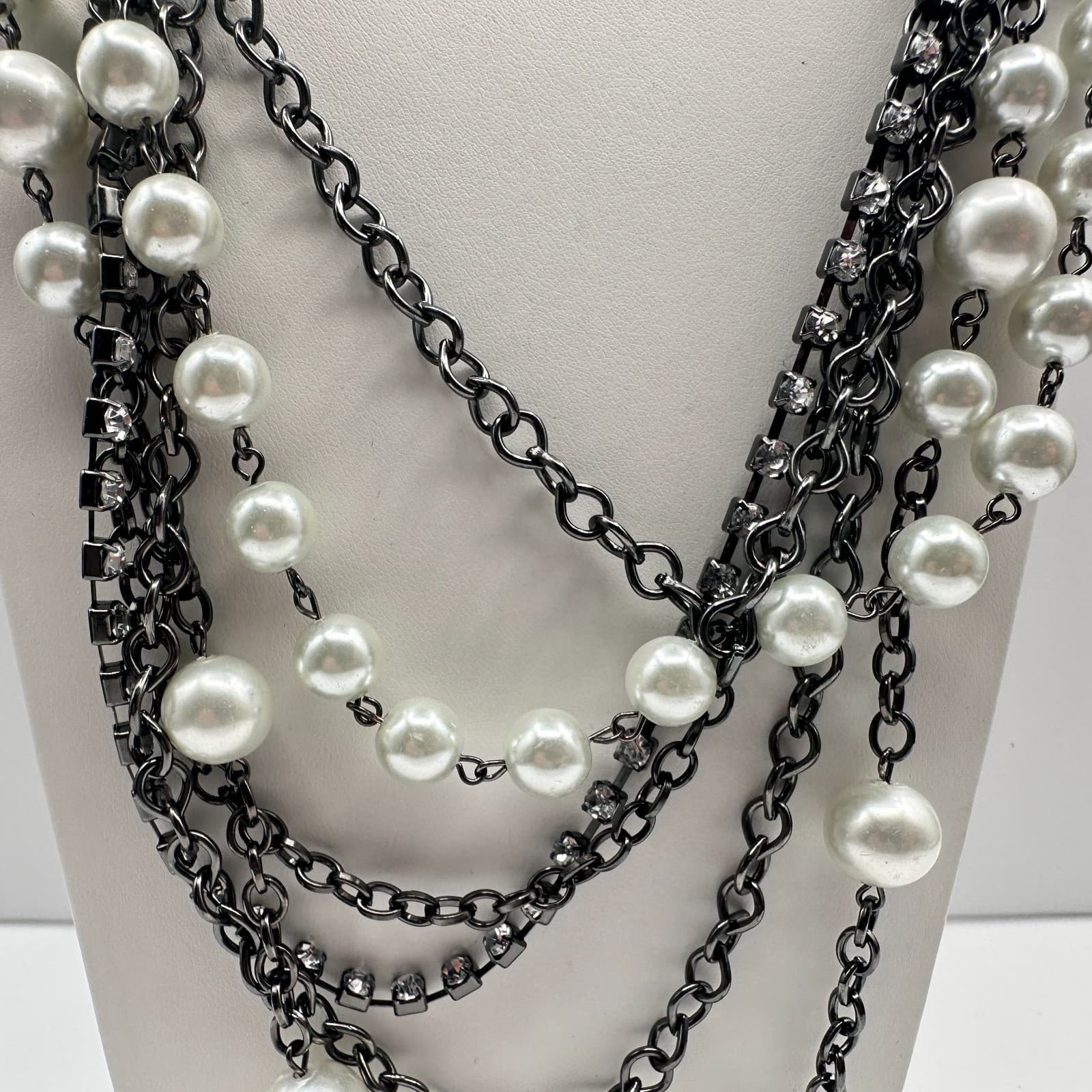 Vintage 90s NY Multi-Strand Faux Pearl Glass Layered Necklace Women's Jewelry - Thumbnail 10