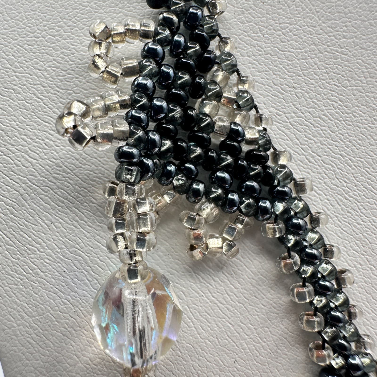 Vintage 90s Beaded Bib Necklace Black Silver Seed Bead Glass Fringe Jewelry - Thumbnail 6