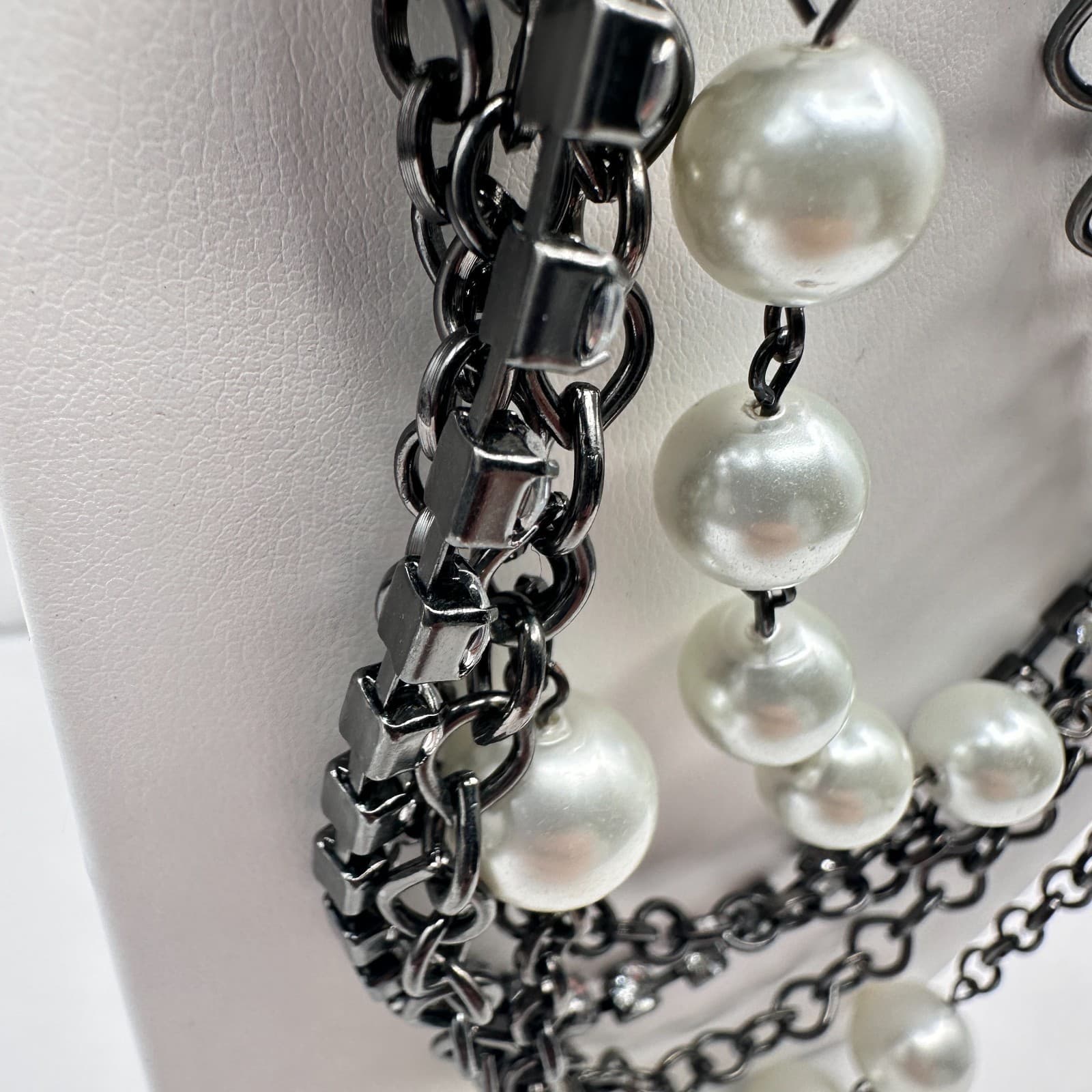 Vintage 90s NY Multi-Strand Faux Pearl Glass Layered Necklace Women's Jewelry - Thumbnail 8