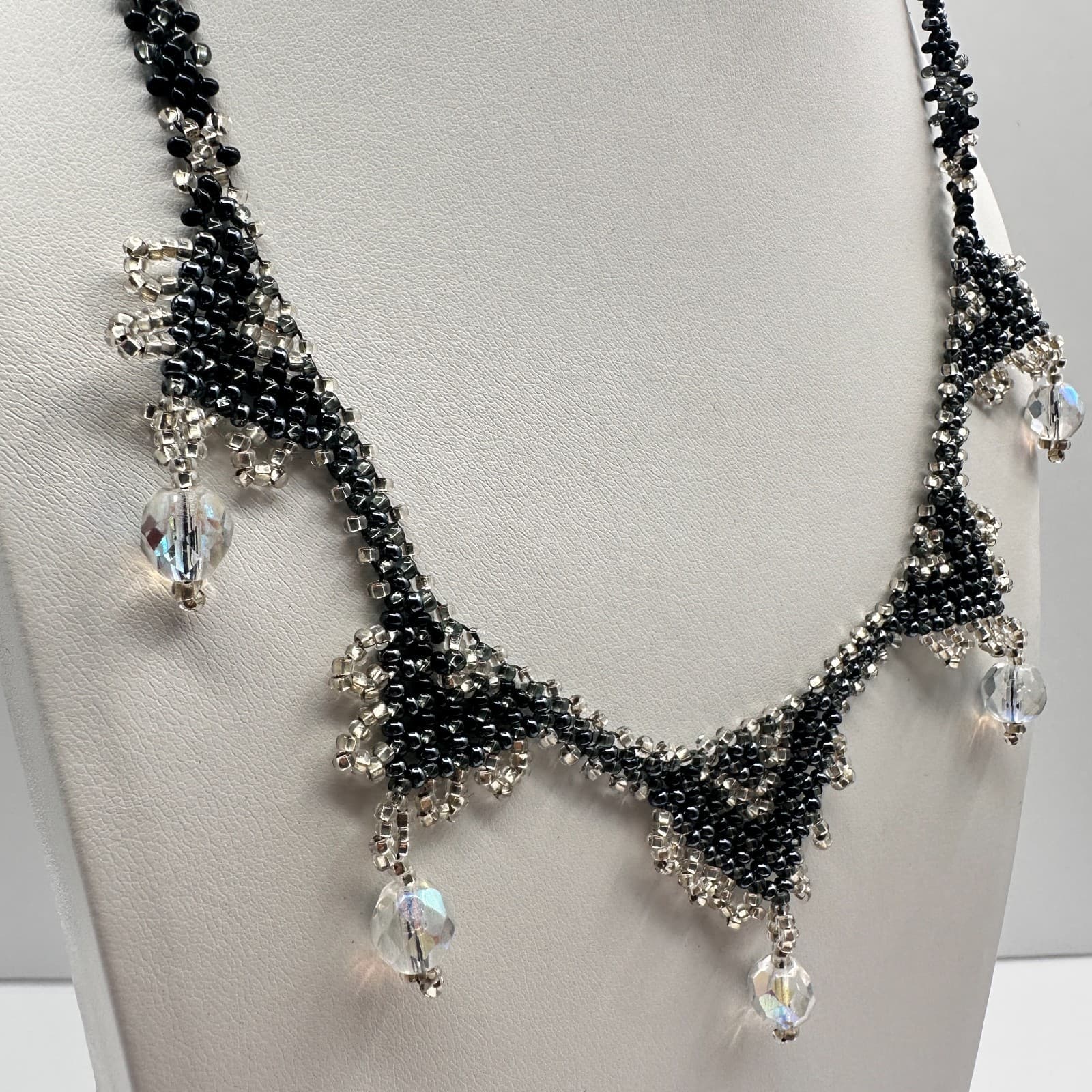 Vintage 90s Beaded Bib Necklace Black Silver Seed Bead Glass Fringe Jewelry - Thumbnail 3