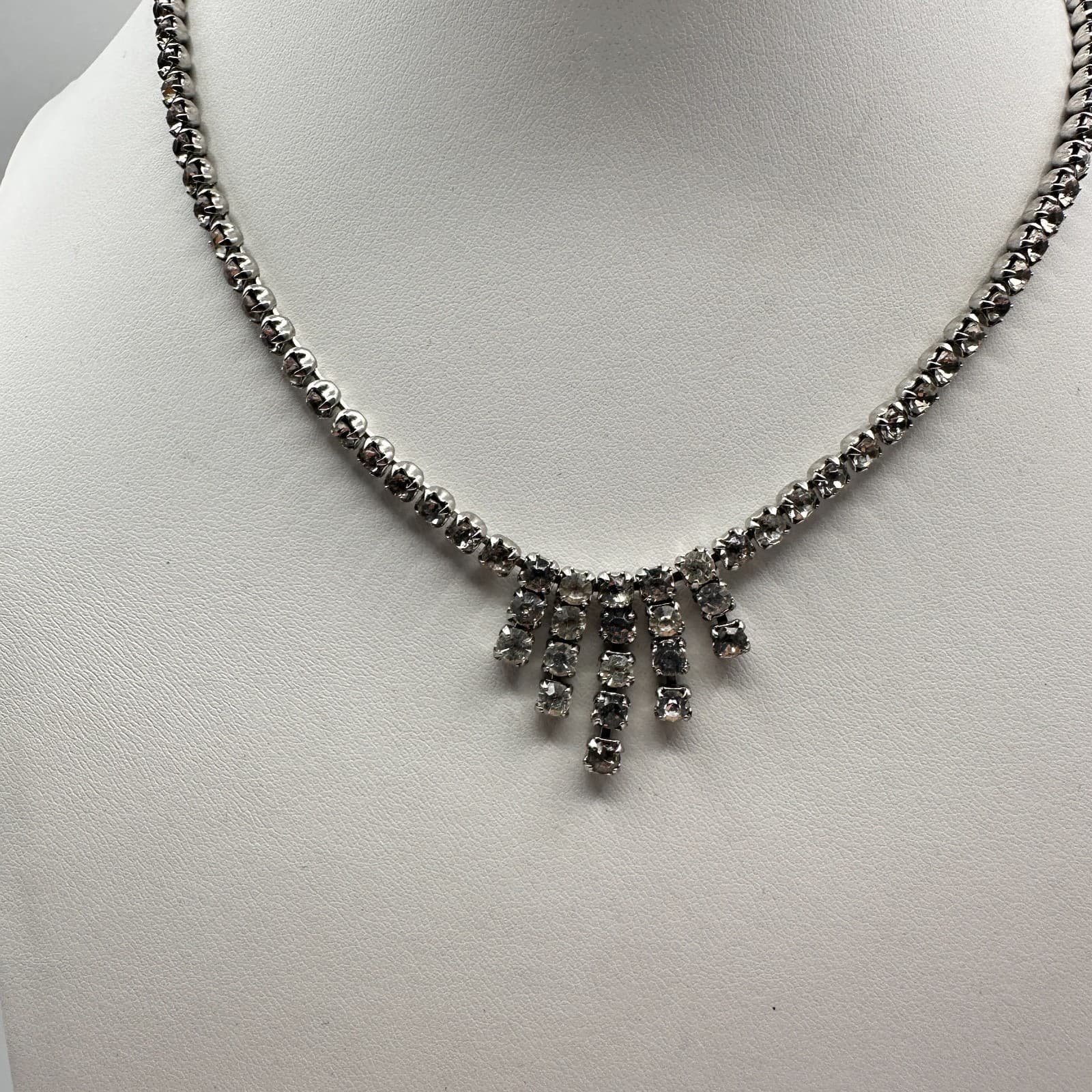 Vintage 50s 60s Silver Tone Clear Rhinestone Fringe Statement Necklace Jewelry - Thumbnail 2