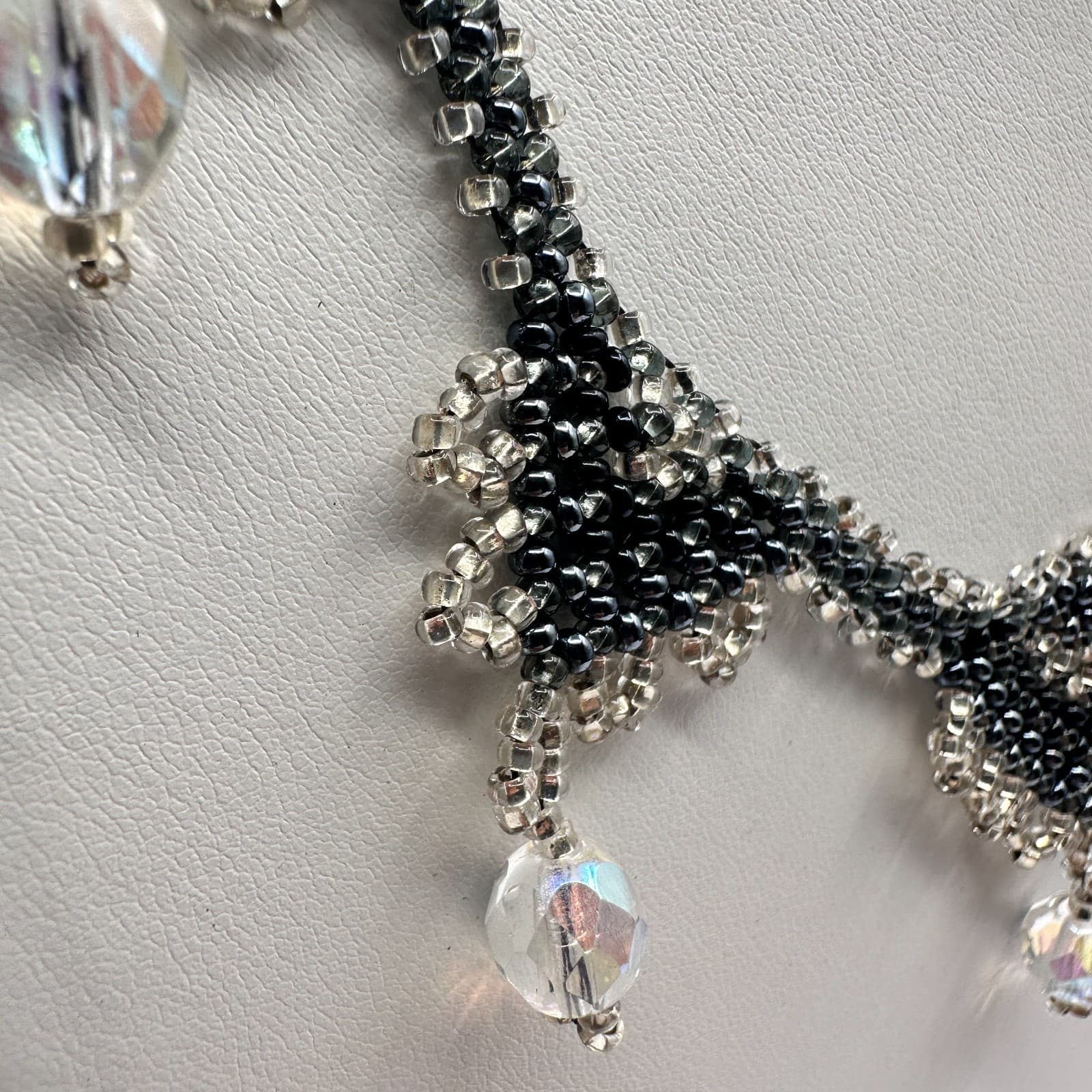 Vintage 90s Beaded Bib Necklace Black Silver Seed Bead Glass Fringe Jewelry - Thumbnail 4