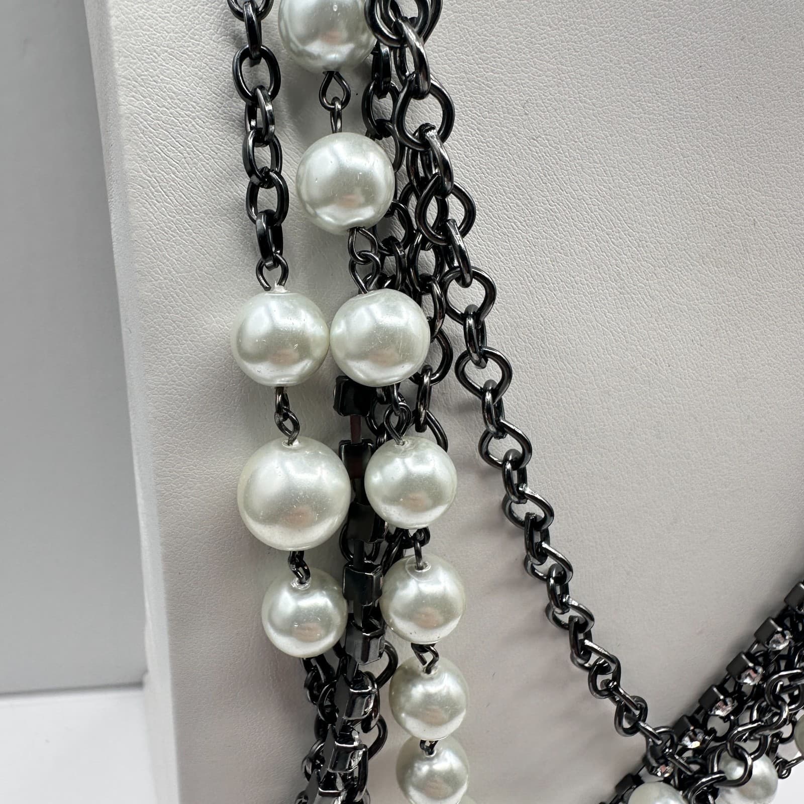 Vintage 90s NY Multi-Strand Faux Pearl Glass Layered Necklace Women's Jewelry - Thumbnail 6