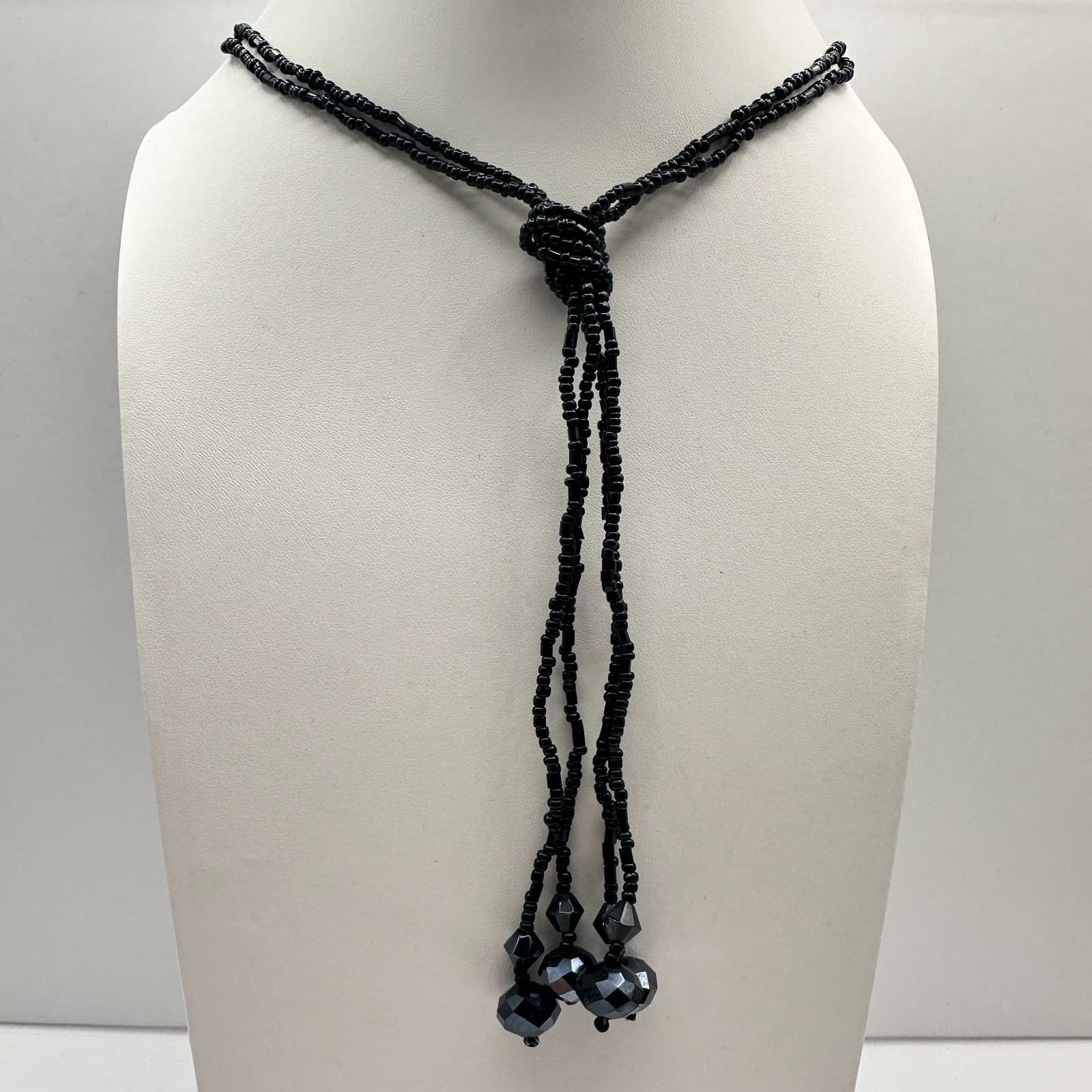 Vintage 90s Black Seed Bead Lariat Necklace Faceted Glass Tassel Boho Jewelry - Image 1
