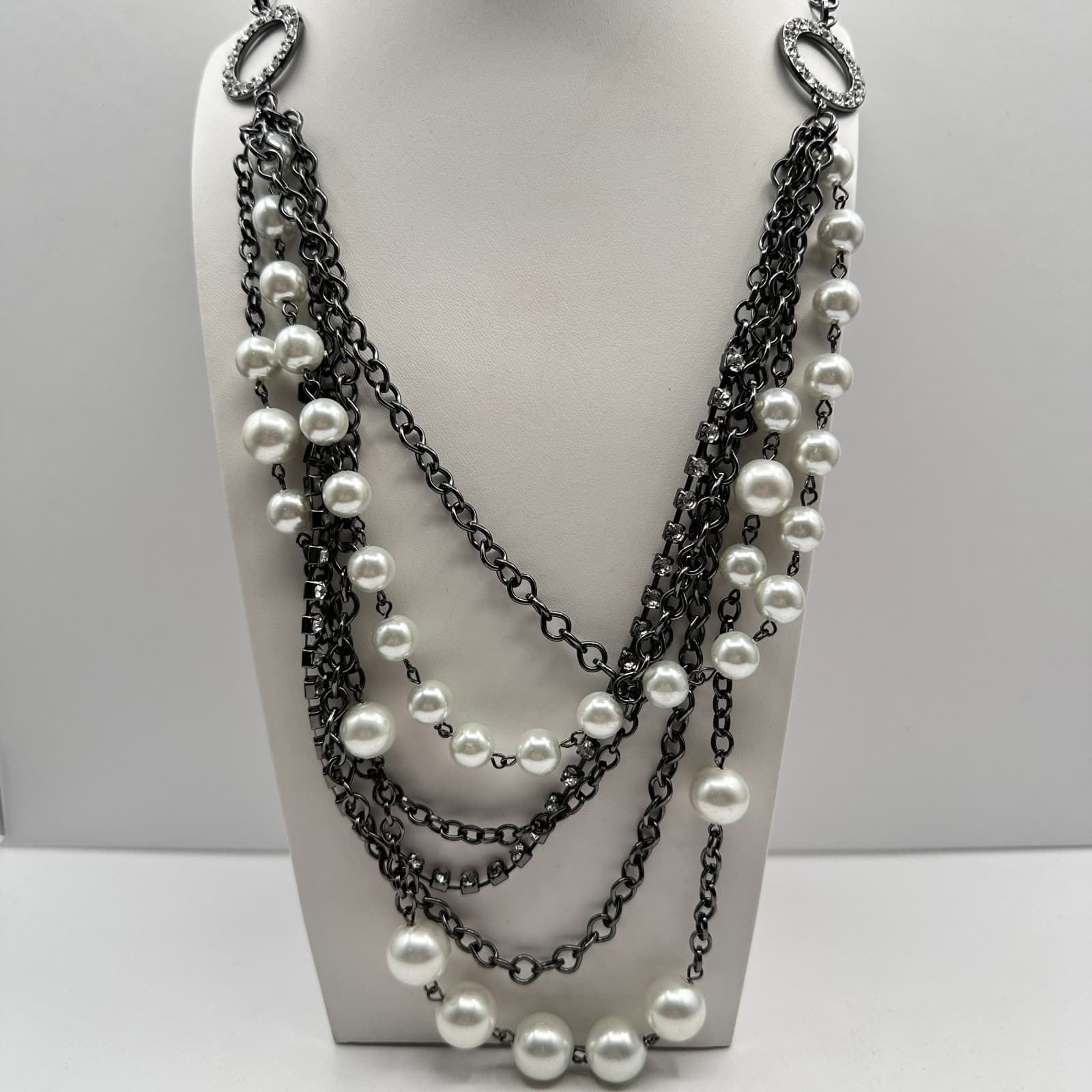 Vintage 90s NY Multi-Strand Faux Pearl Glass Layered Necklace Women's Jewelry - Image 1