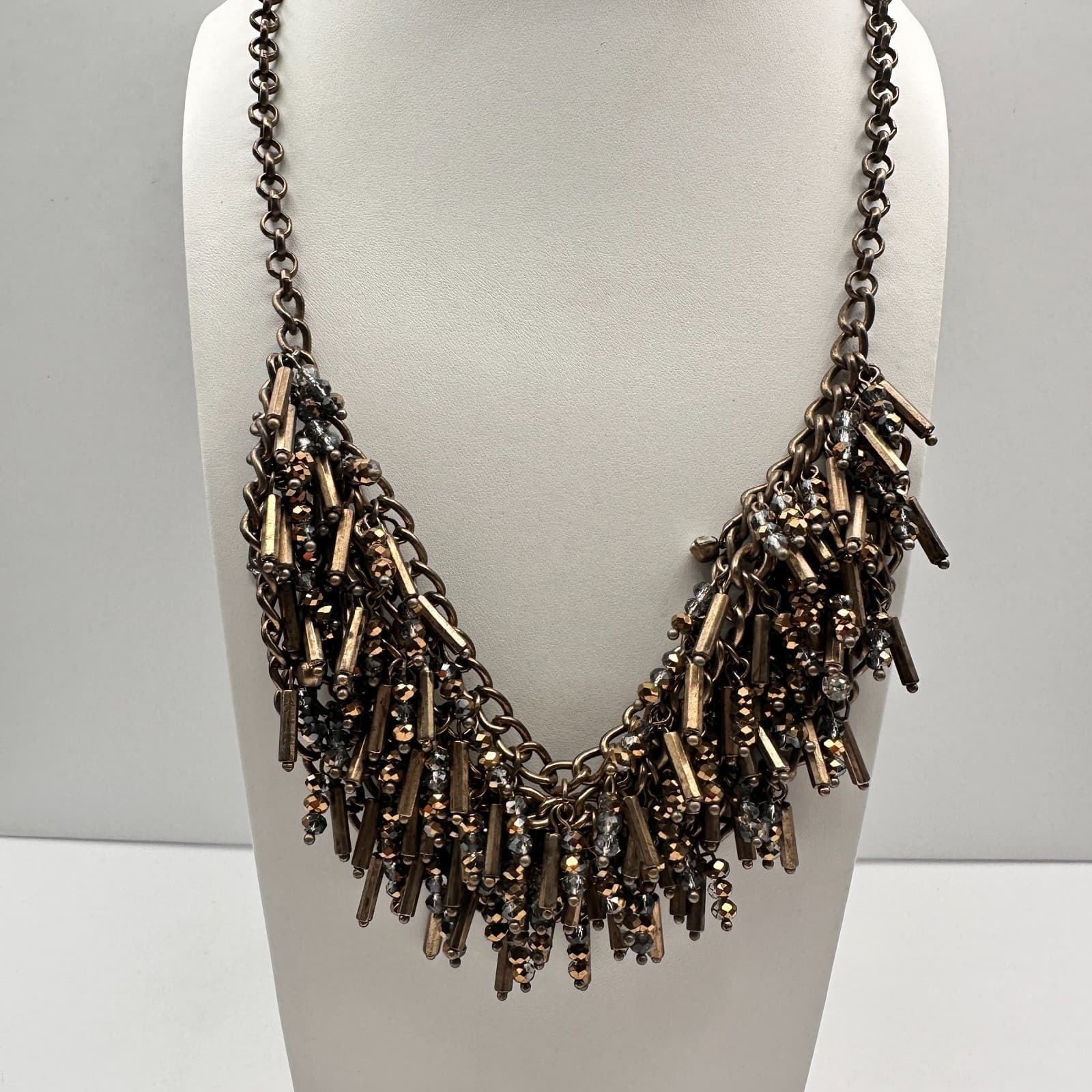 Vintage 90s Bronze Tone Statement Bib Necklace Glass Bead Tassel Fringe Fashion - Image 1