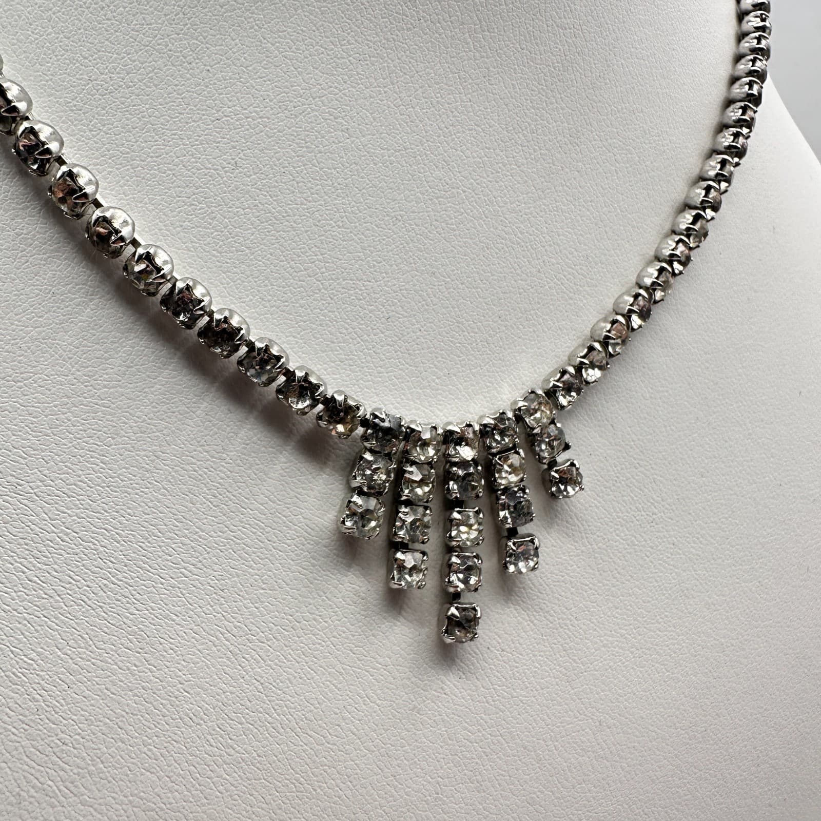 Vintage 50s 60s Silver Tone Clear Rhinestone Fringe Statement Necklace Jewelry - Thumbnail 4