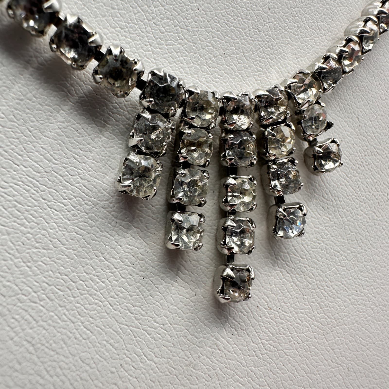 Vintage 50s 60s Silver Tone Clear Rhinestone Fringe Statement Necklace Jewelry - Thumbnail 3